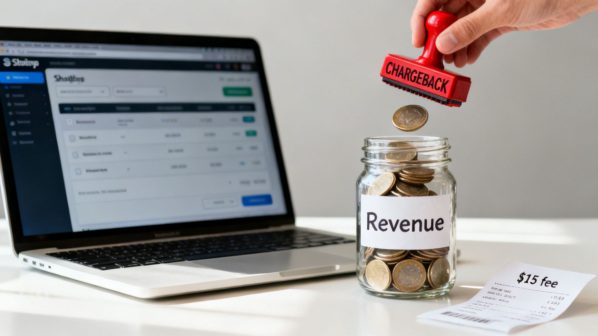 A red 'CHARGEBACK' stamp held over a 'Revenue' jar, with coins falling out, next to a laptop and a '$15 fee' receipt, symbolizing financial loss.