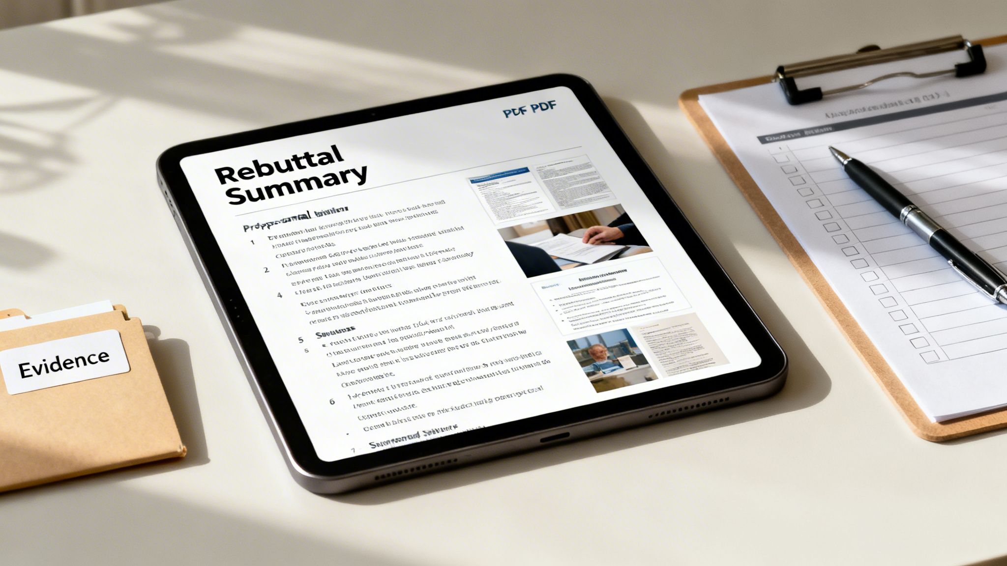 A tablet displaying a 'Rebuttal Summary' with an 'Evidence' folder, clipboard, and pen on a white desk.