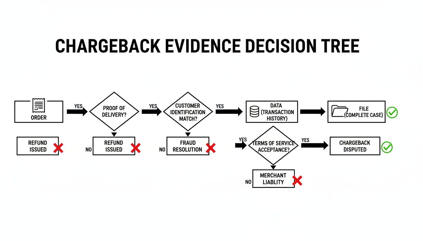 A chargeback evidence decision tree flowchart outlining steps for resolving and disputing chargebacks.