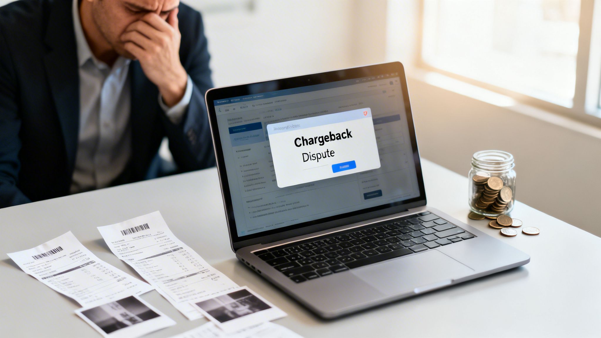 Stressed man at desk with laptop showing 'Chargeback Dispute' message, surrounded by receipts and coins.