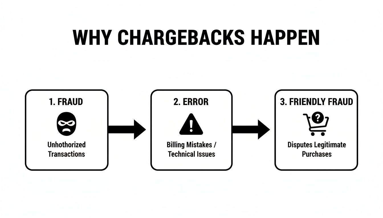 Flowchart illustrating the three main reasons why chargebacks happen: fraud, error, and friendly fraud.