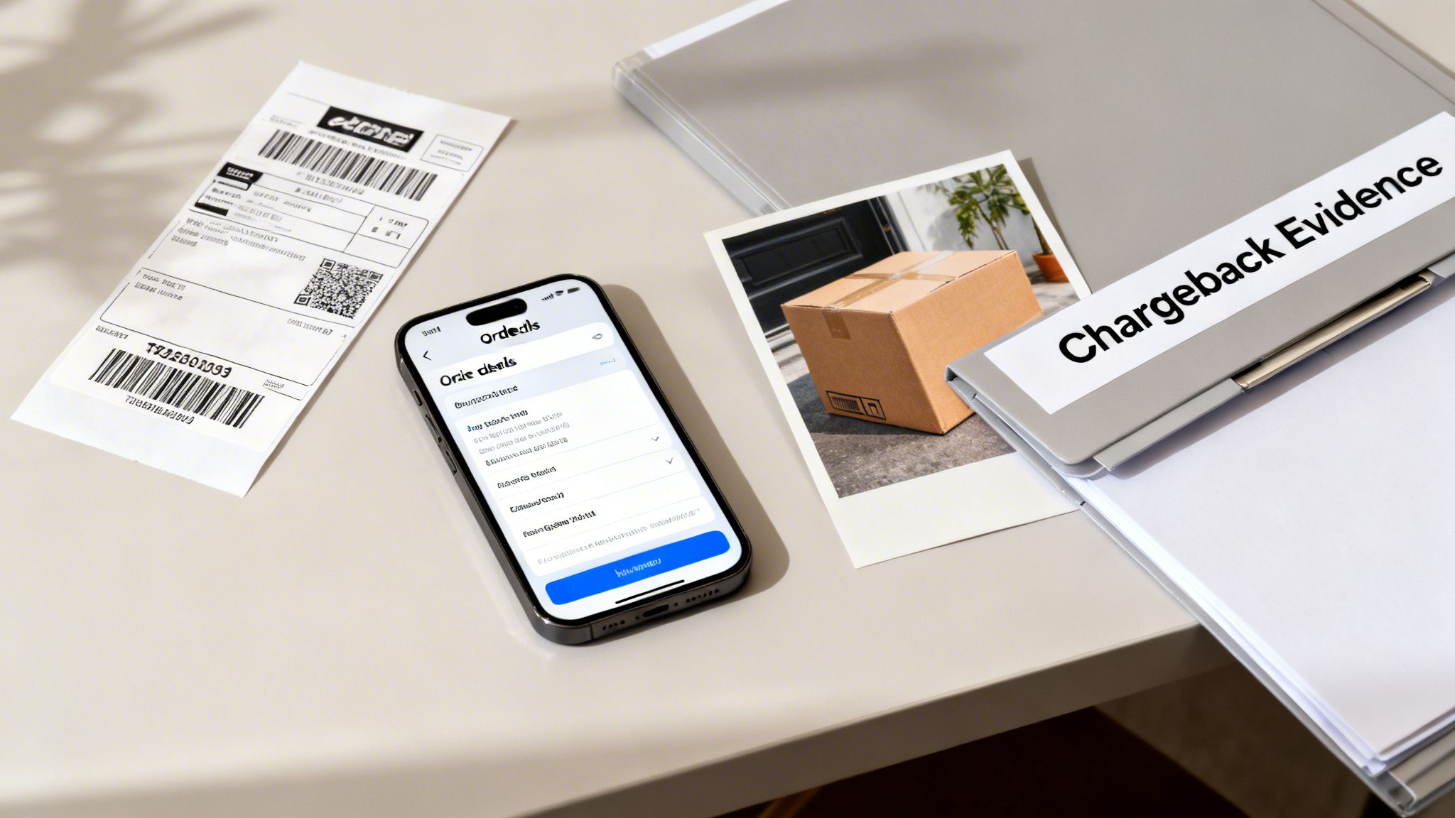 Desk setup with a phone displaying order details, shipping label, package photo, and 'Chargeback Evidence' folder.