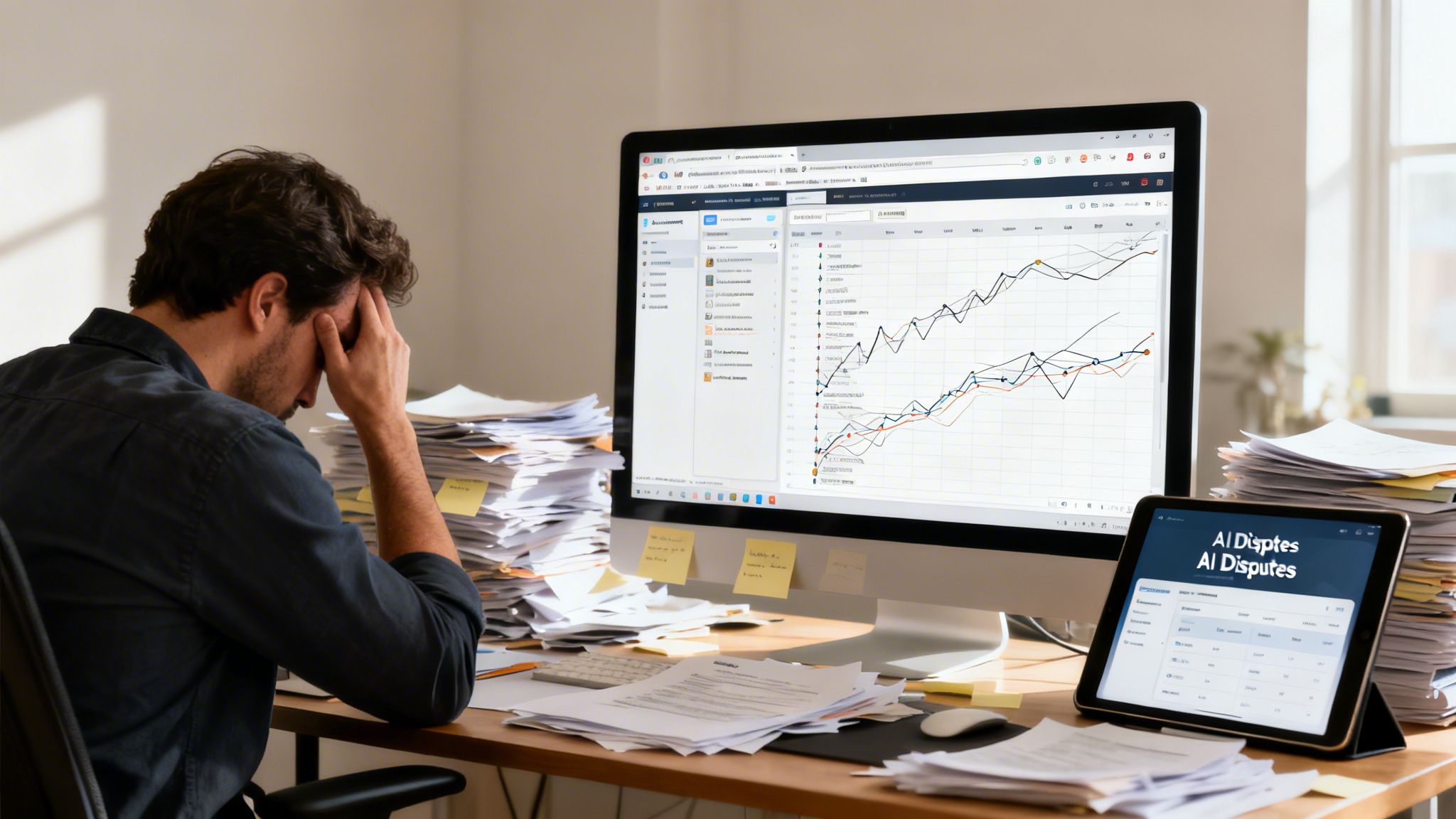 A man looking stressed at a desk cluttered with papers, analyzing data on a monitor and tablet.