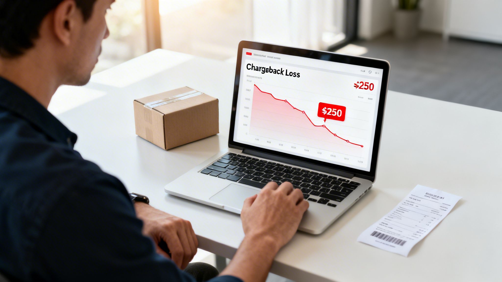A person views a laptop displaying a "Chargeback Loss" graph with a decreasing trend and a $250 loss highlighted.