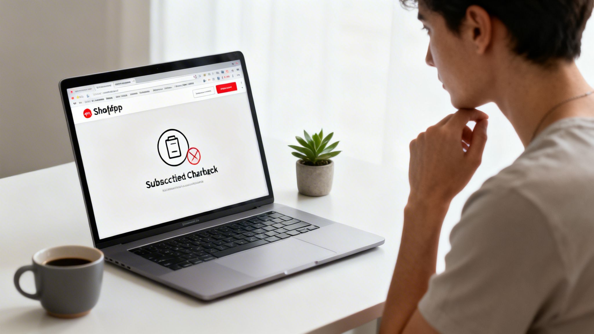A person looks thoughtfully at a laptop displaying a 'Subscription Chargeback' notification.