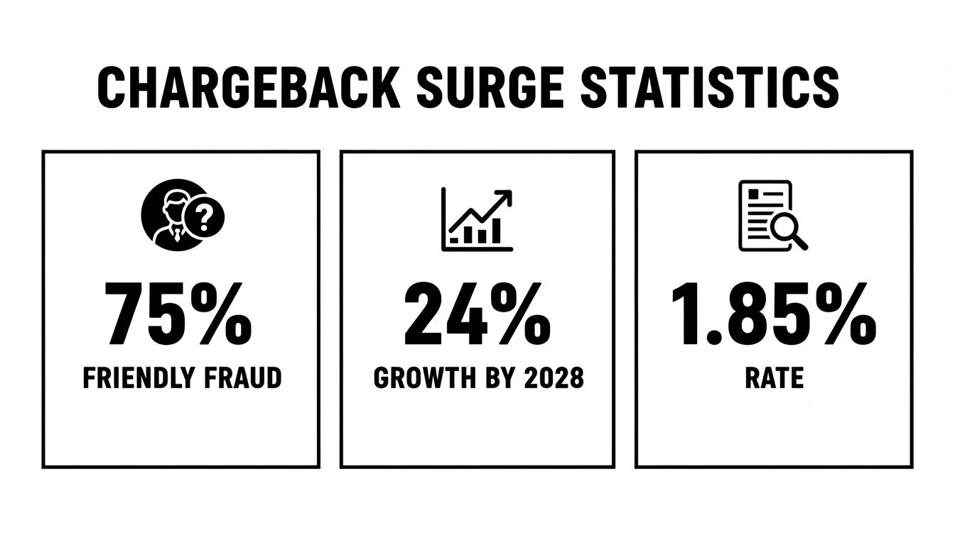 Infographic displaying chargeback surge statistics: 75% friendly fraud, 24% growth by 2028, and a 1.85% rate.