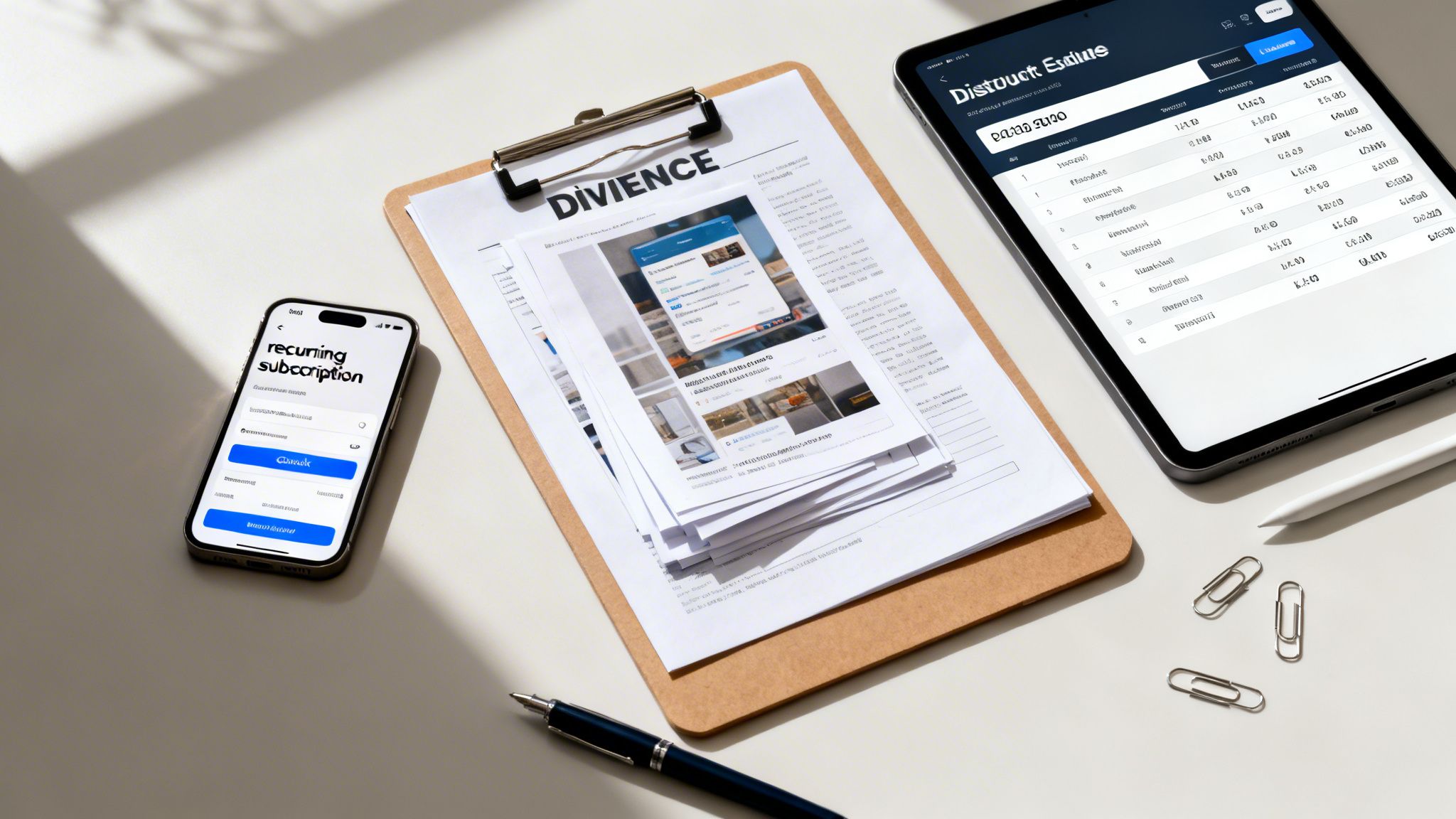Digital workspace with a smartphone showing 'recurring subscription', a tablet displaying data, and a clipboard with documents.