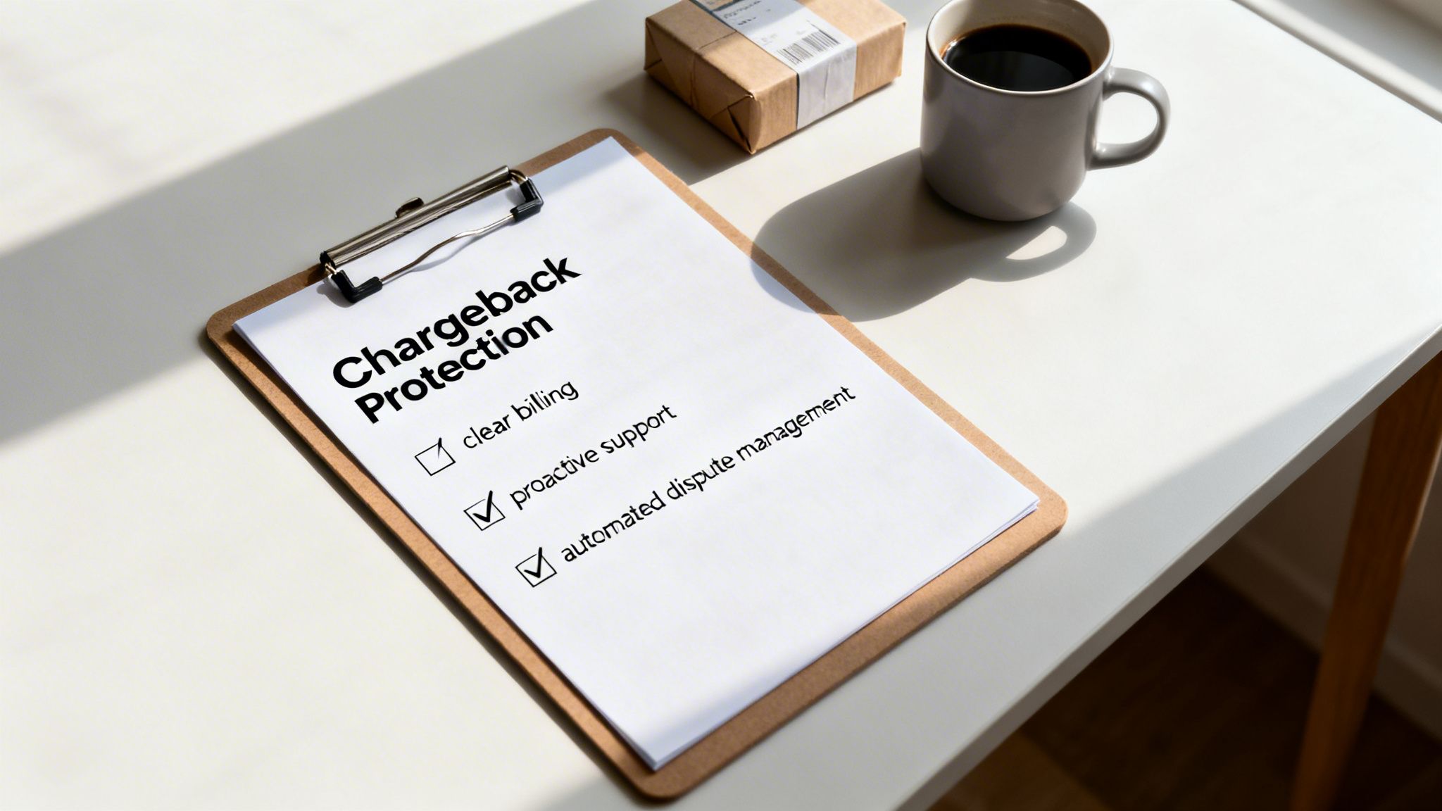 A clipboard with 'Chargeback Protection' checklist, showing 'proactive support' and 'automated dispute management' checked.