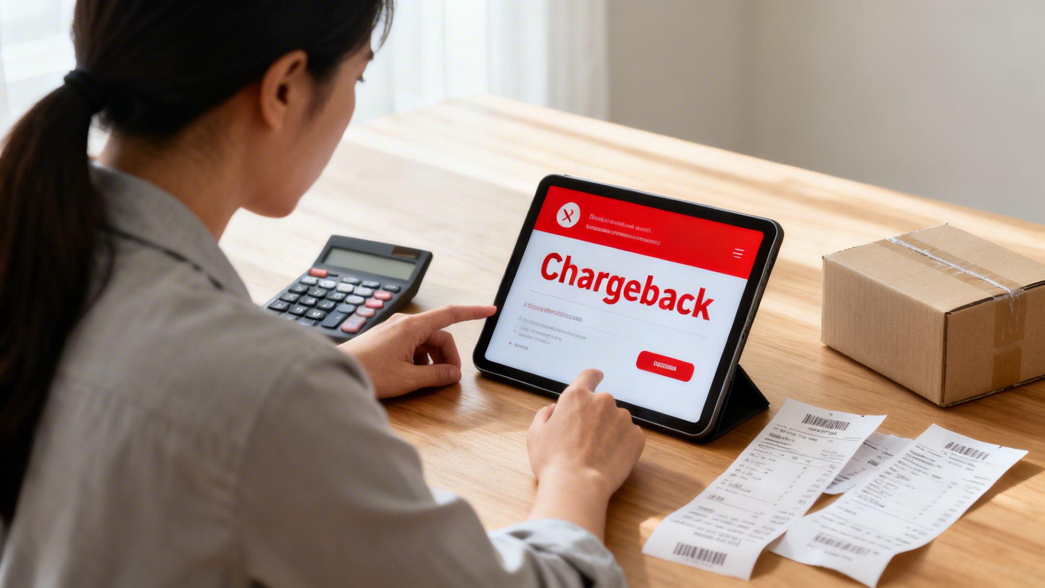 Person initiating a chargeback on a tablet, with a calculator, receipts, and a package on the desk.