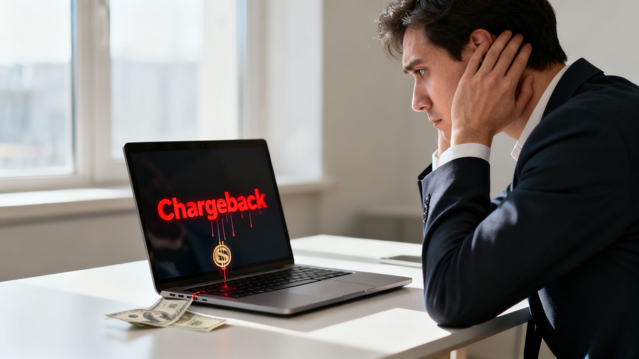 A concerned businessman looking at a laptop screen displaying the word Chargeback with dripping red effects.