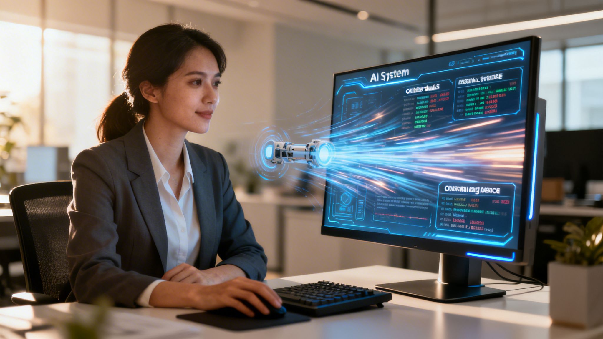 A professional woman working at a computer with a futuristic AI digital interface displaying data analysis.