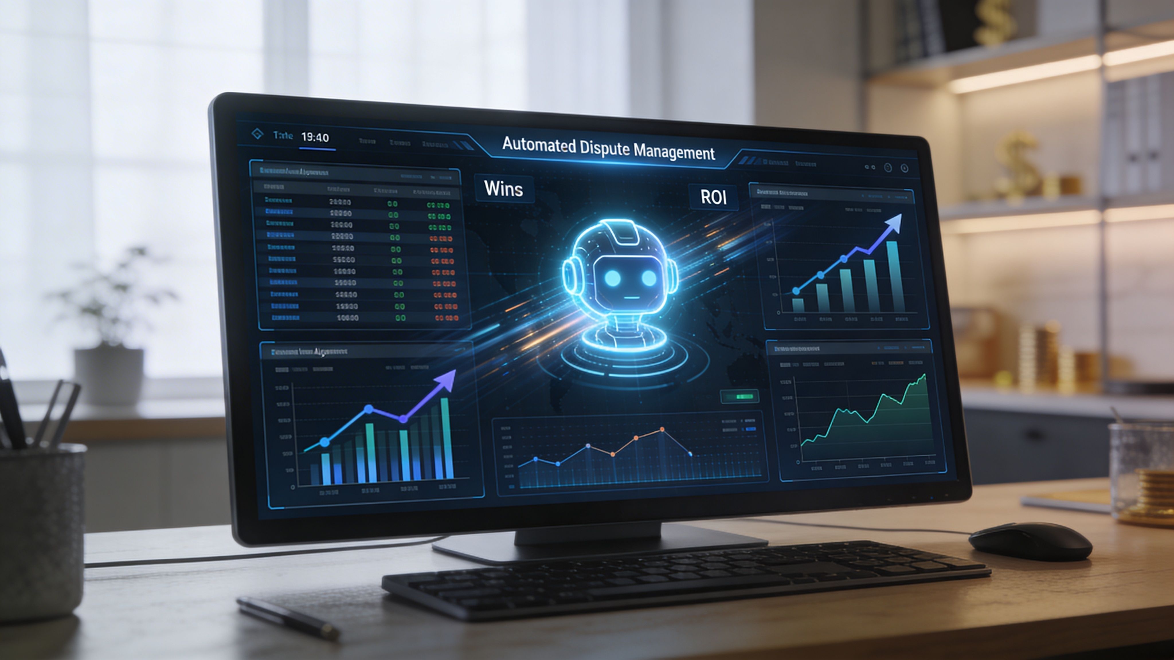 A computer monitor displaying an automated dispute management software dashboard with charts, financial data, and a robot icon.