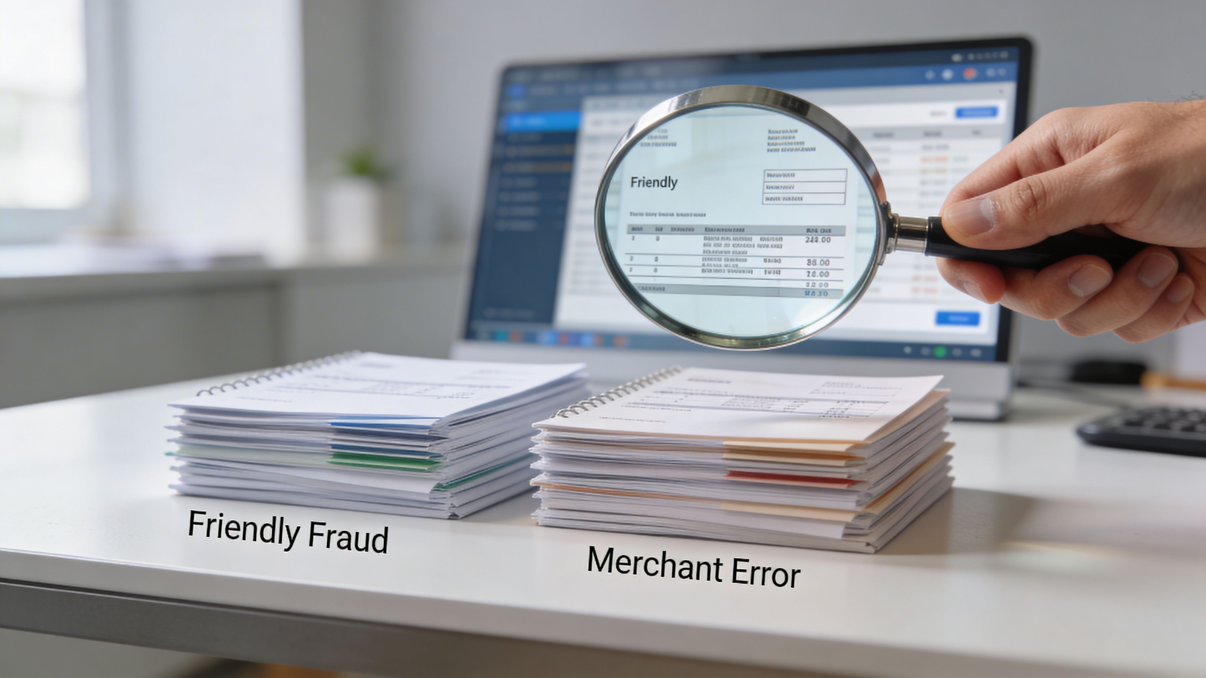 A hand holds a magnifying glass over stacks of documents, illustrating the concepts of friendly fraud and merchant error.