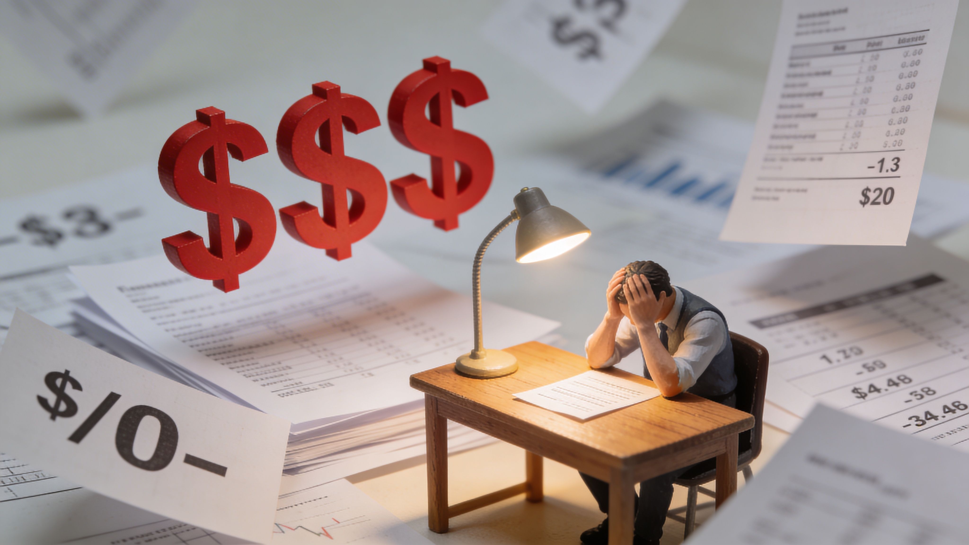 A miniature businessman sits stressed at his desk surrounded by floating financial documents and dollar signs.