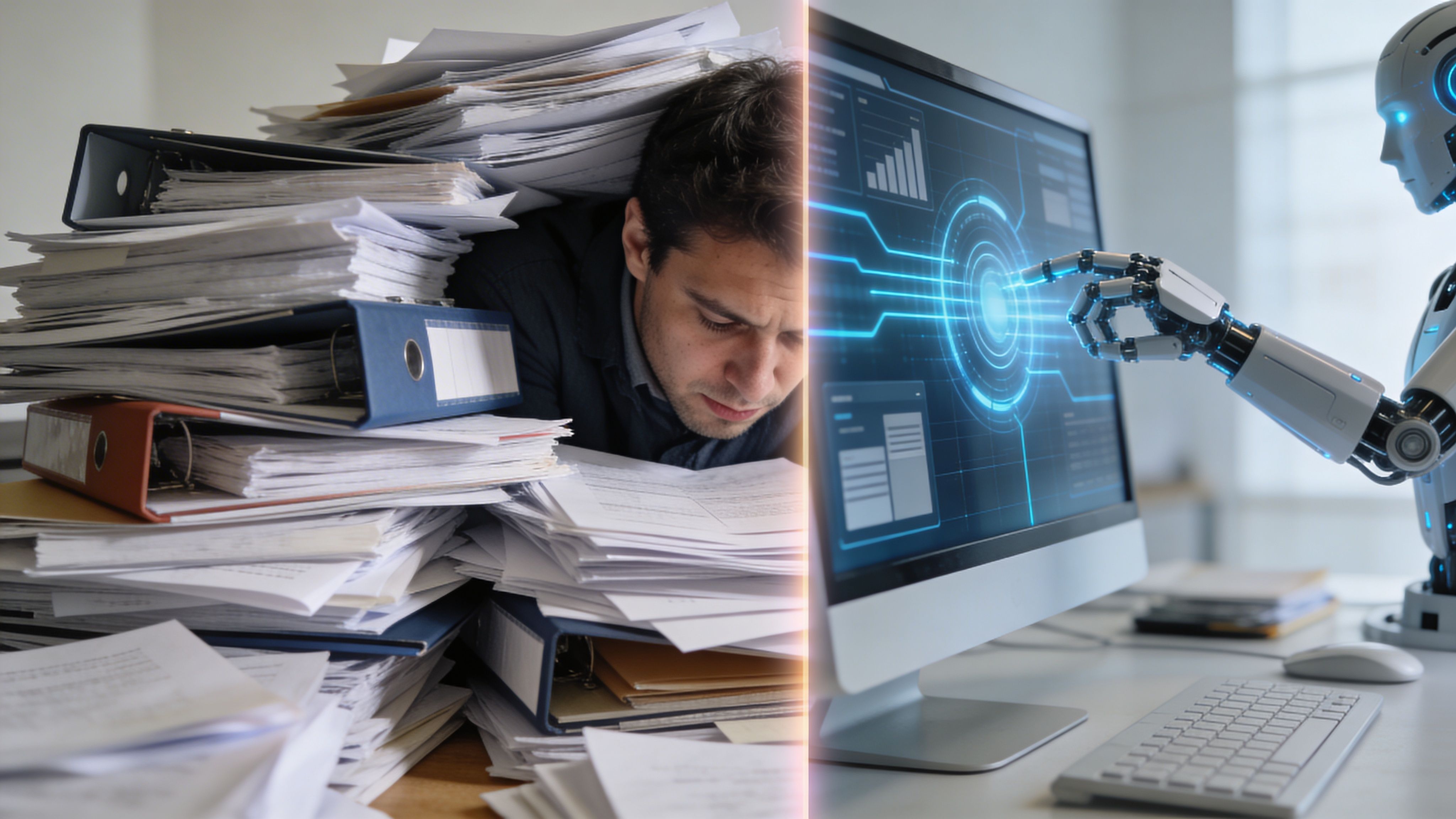 A split screen comparing a stressed man buried under office paperwork with an advanced robot using technology.