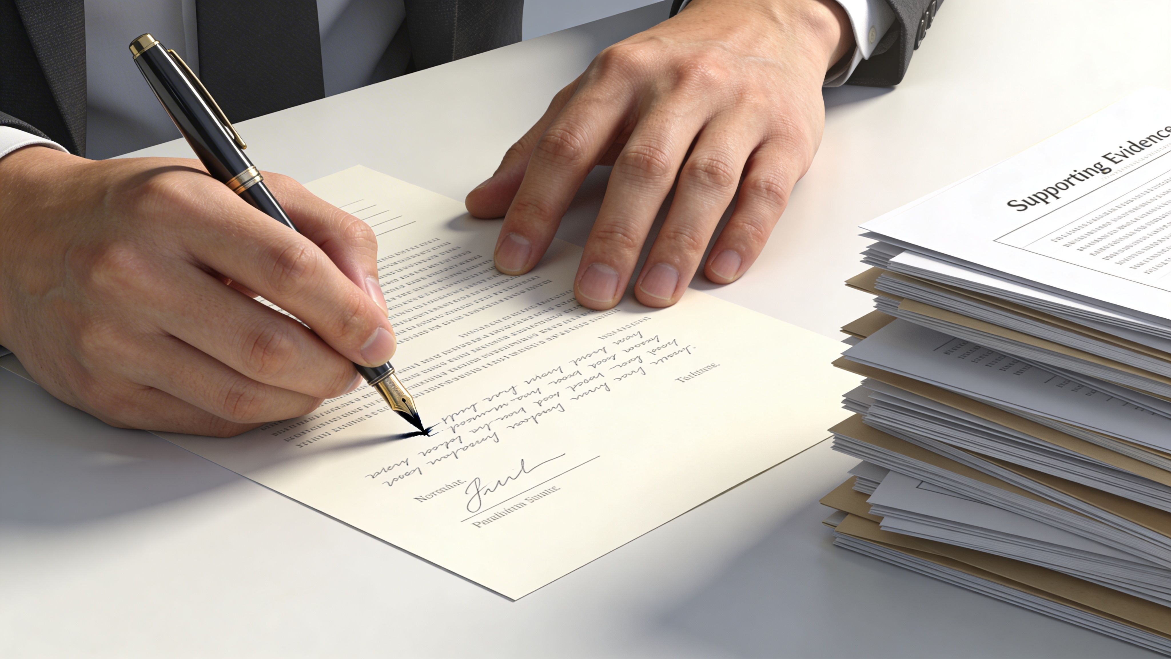 A professional in a suit signs a formal document next to a stack of supporting evidence files.