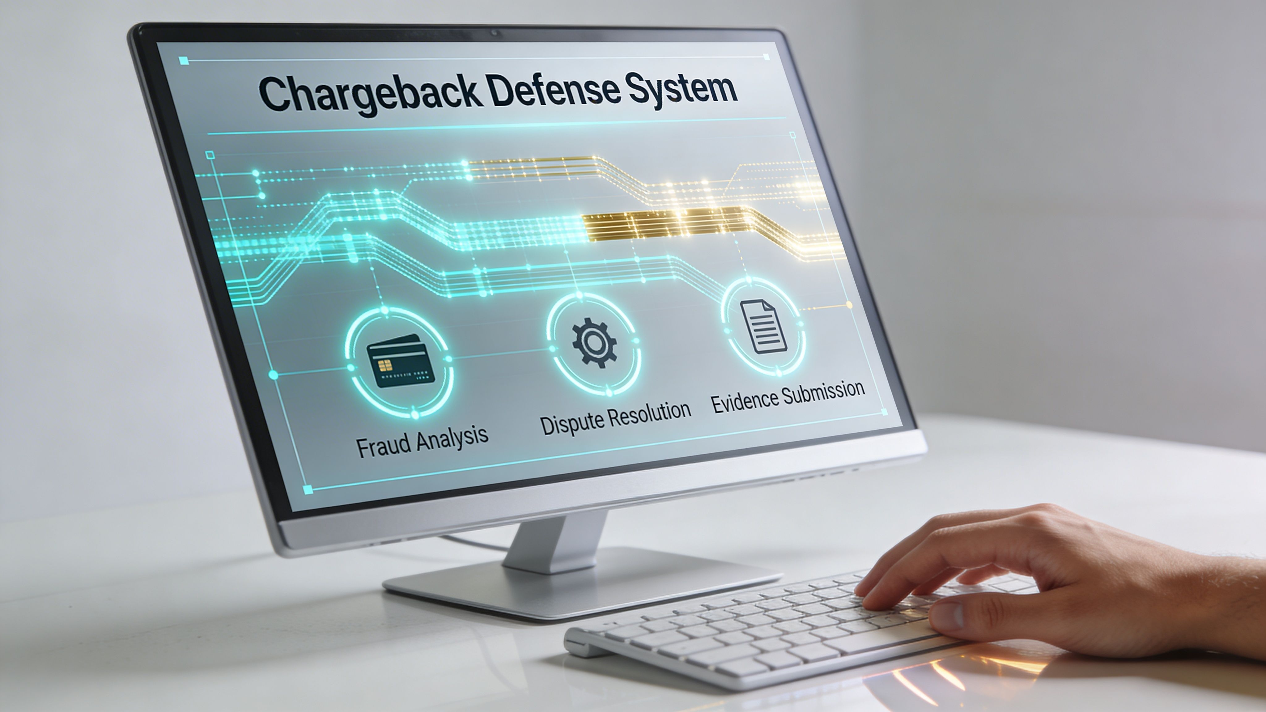 A person using a computer monitor displaying a Chargeback Defense System interface with fraud analysis and dispute tools.