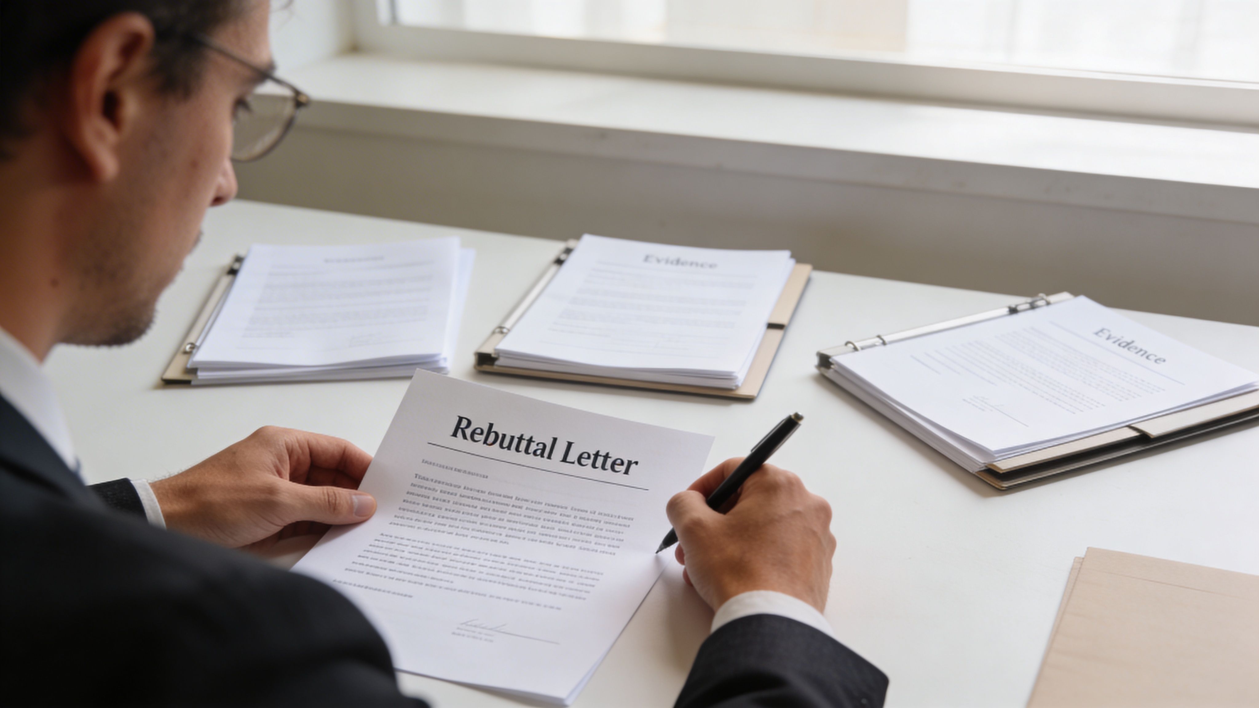 A professional man in a suit writing a rebuttal letter with evidence documents on a desk