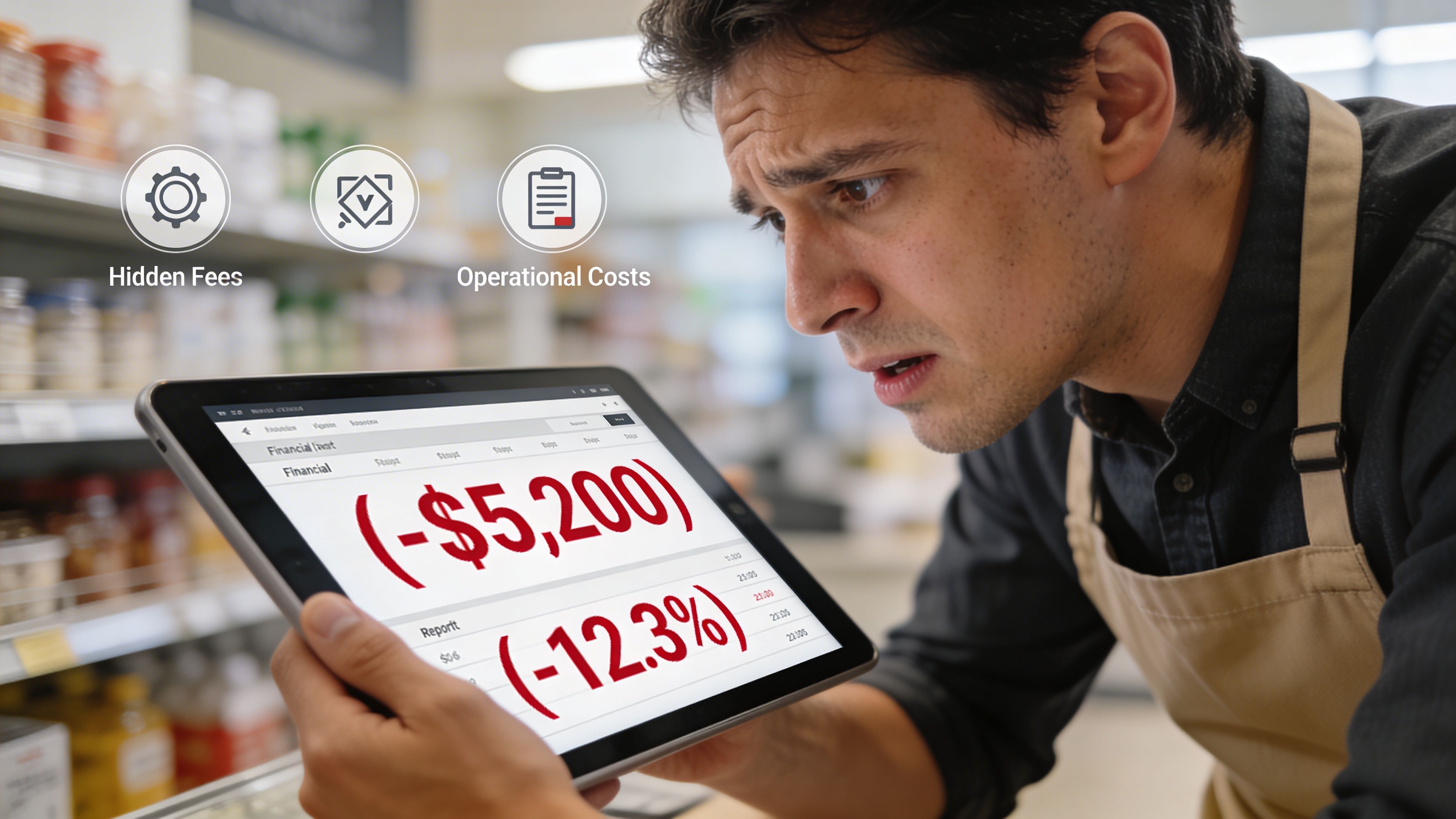 A concerned store manager looks at a tablet screen showing financial losses and negative account data.