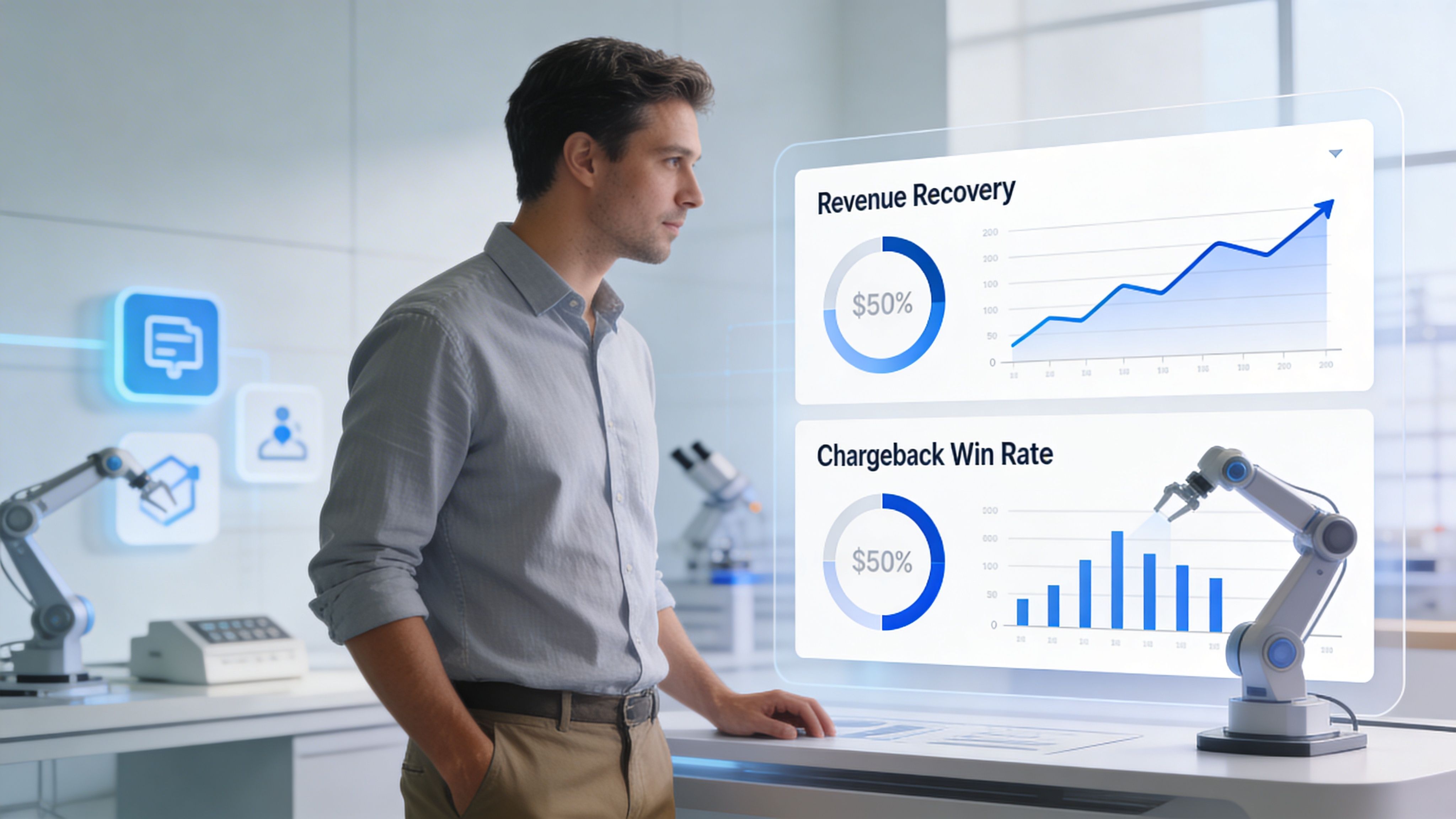A professional man observing digital data dashboards about revenue recovery and chargeback win rates in a futuristic lab.