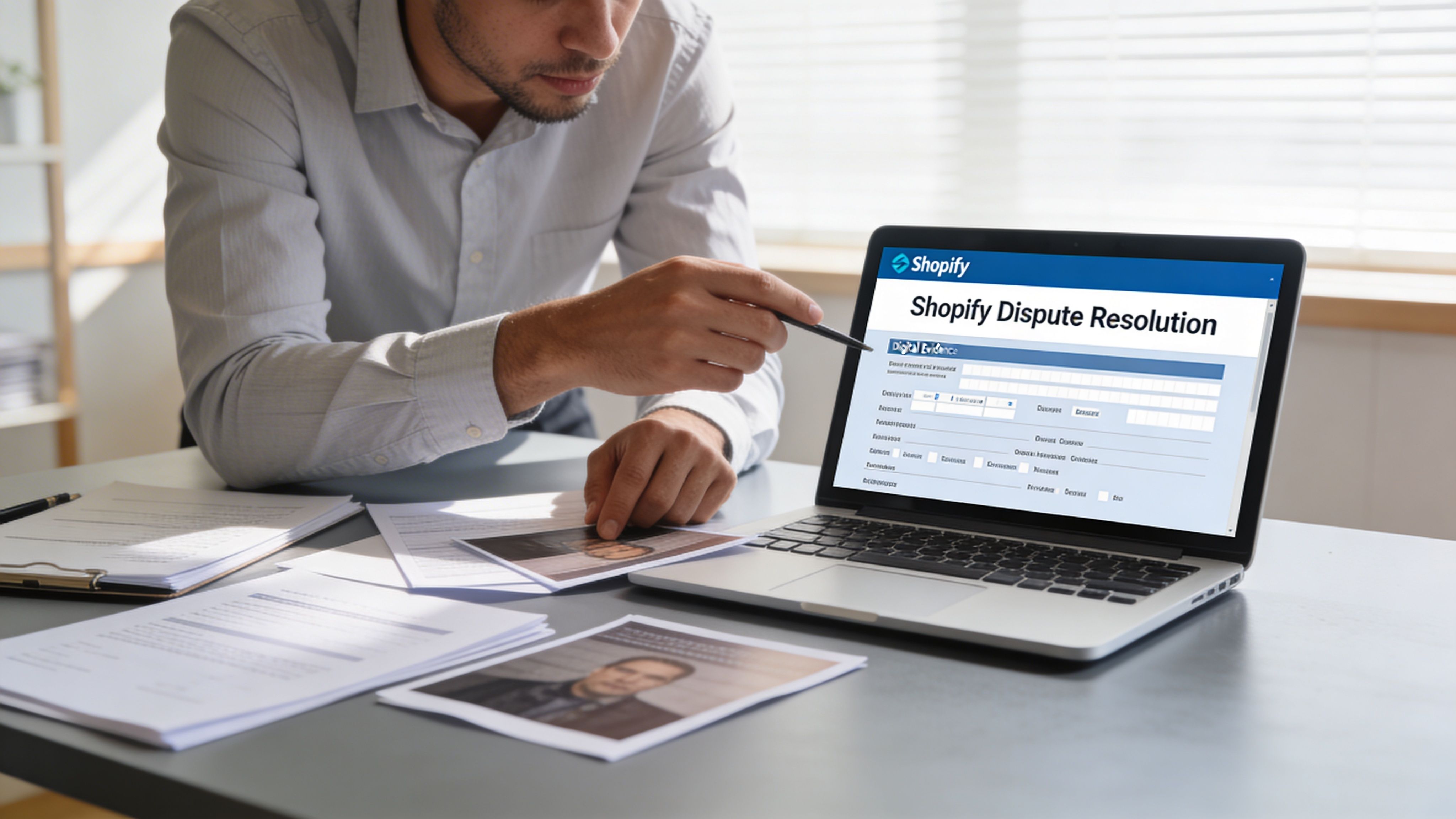 A professional man at a desk using a laptop to process a Shopify dispute resolution document.