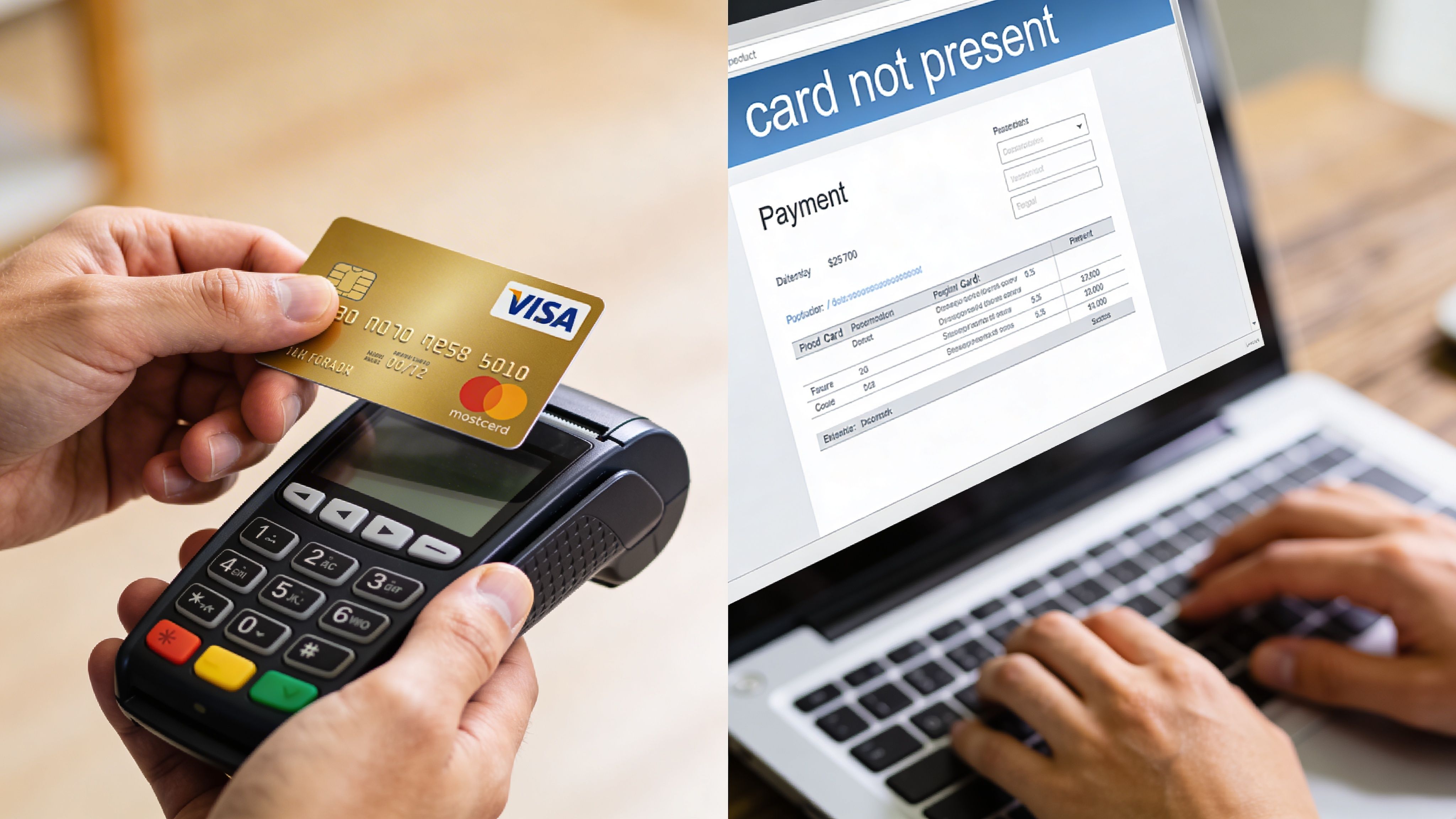 A split image showing a credit card payment terminal and a person typing on a laptop screen.