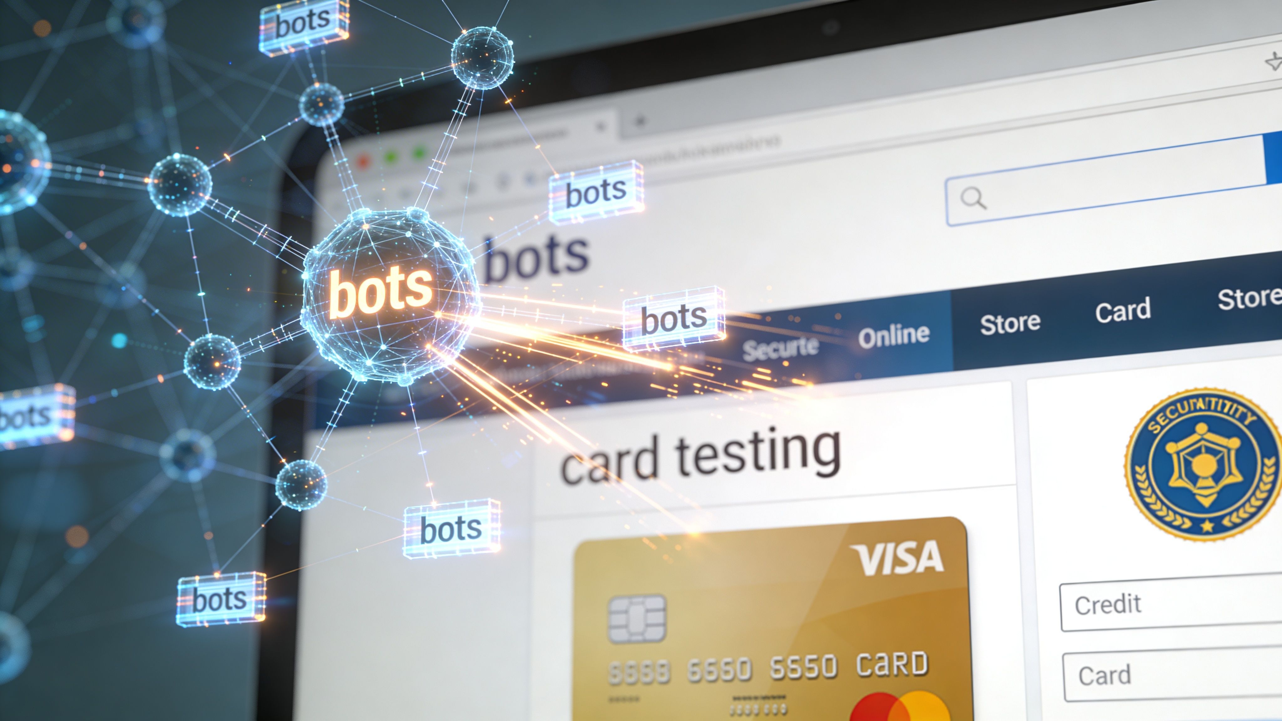 A digital visualization showing a botnet attacking an online website form designed for credit card testing.