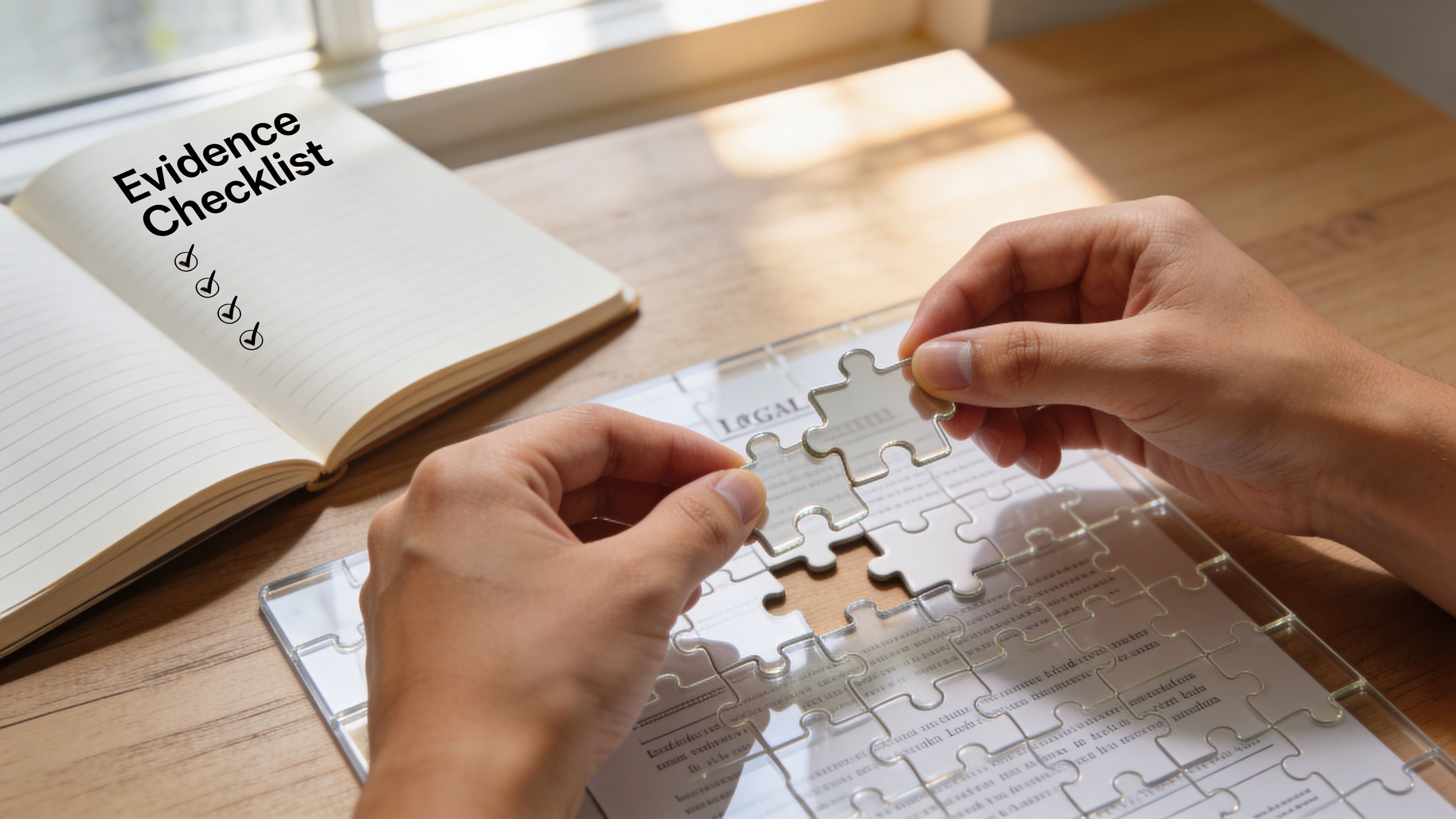 A person assembling a legal document puzzle next to an evidence checklist notebook on a wooden desk.