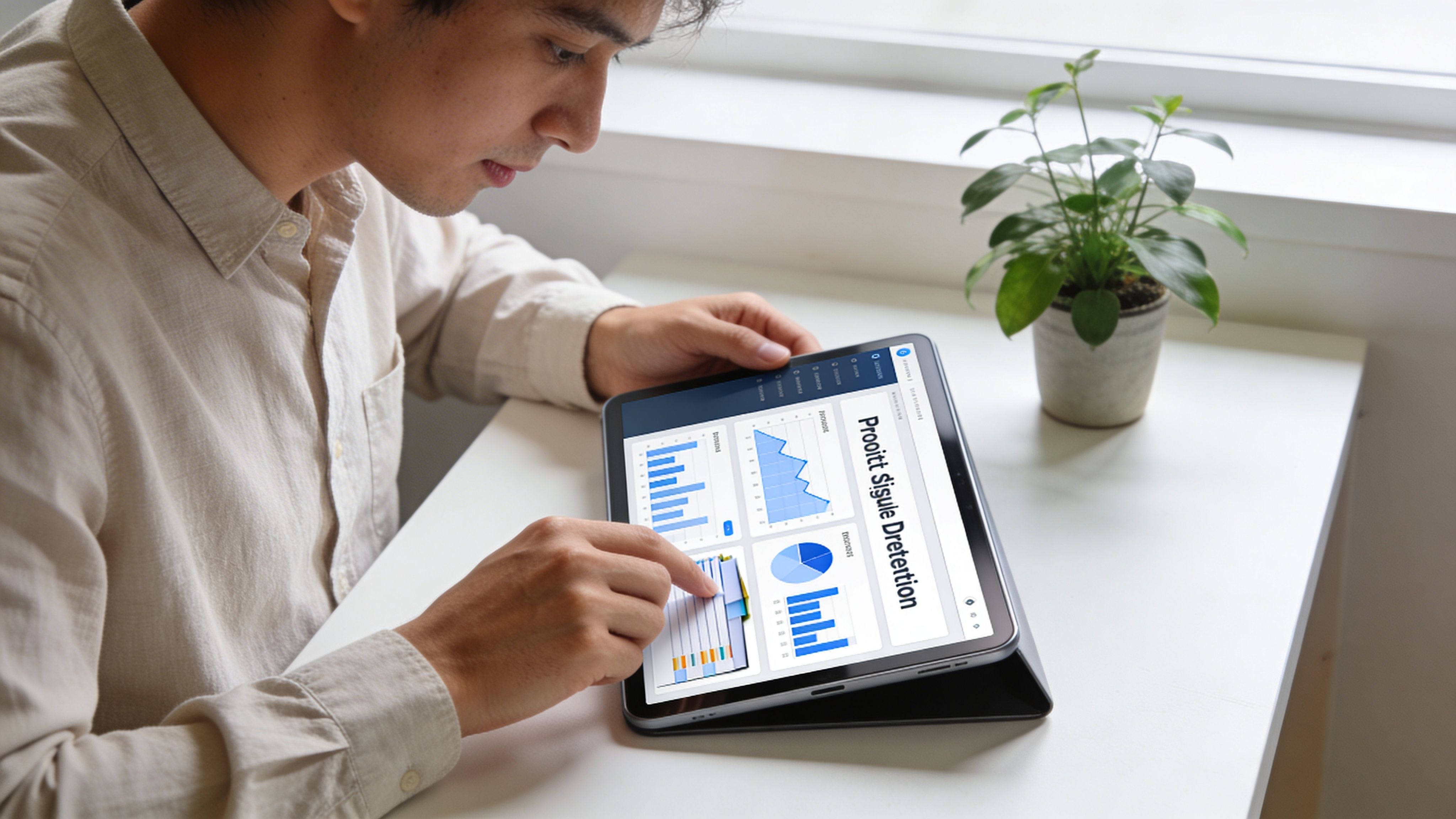 A young man analyzing financial data and billing disputes on a digital tablet at his workspace.