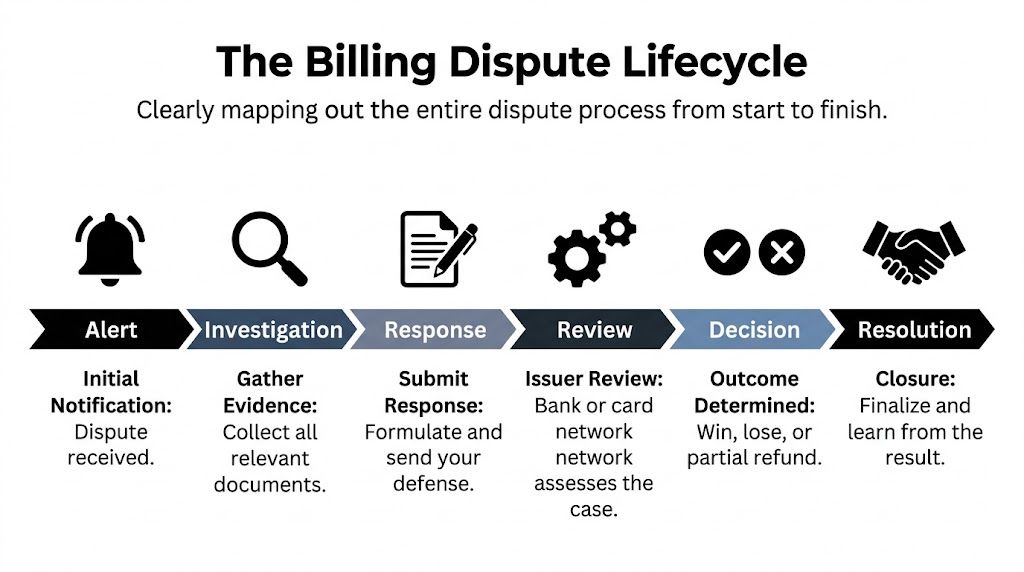 An infographic showing the six sequential stages of the billing dispute lifecycle, from initial alert to final resolution.
