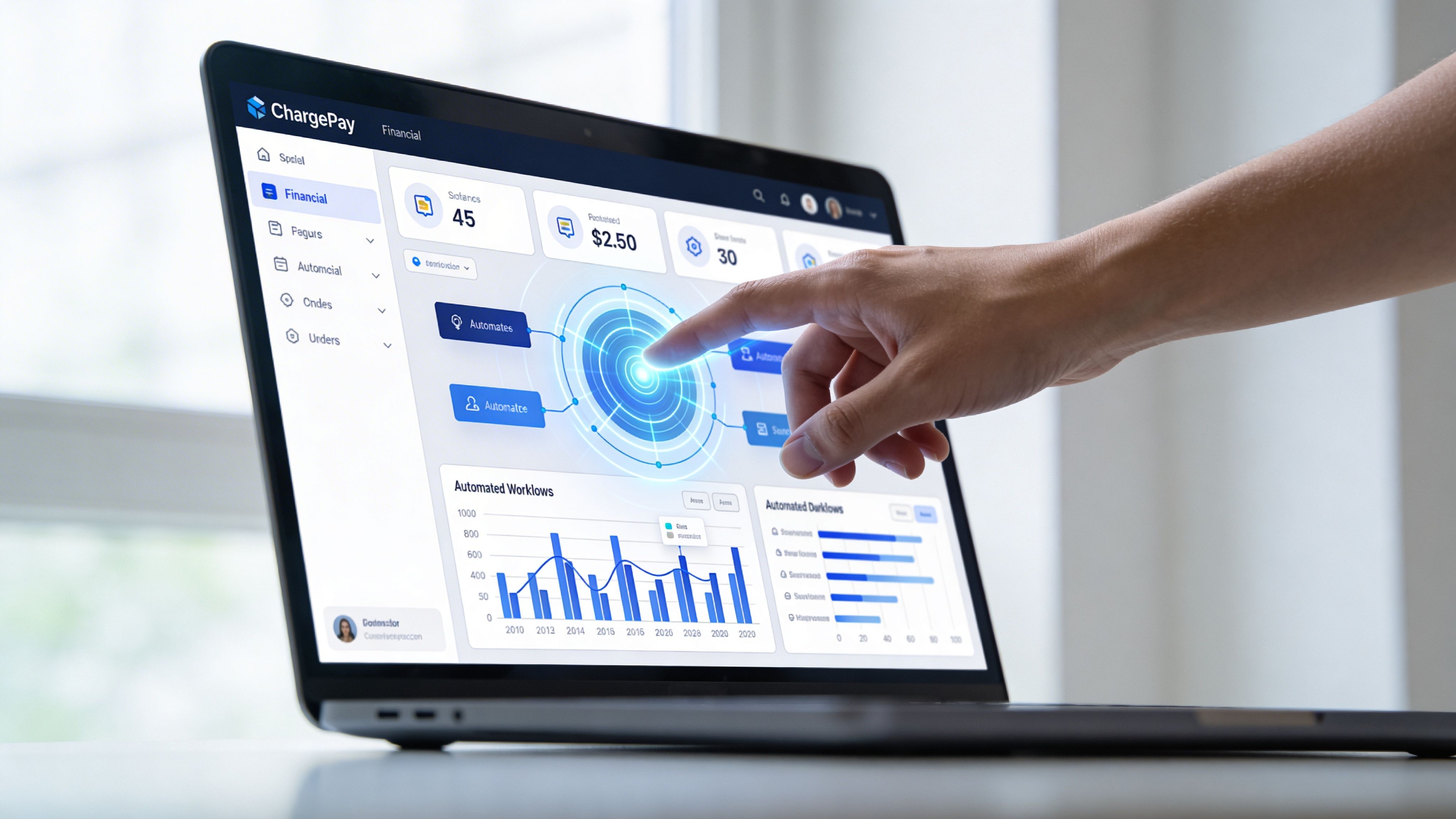A close up view of a hand touching a laptop screen displaying a business financial dashboard interface.