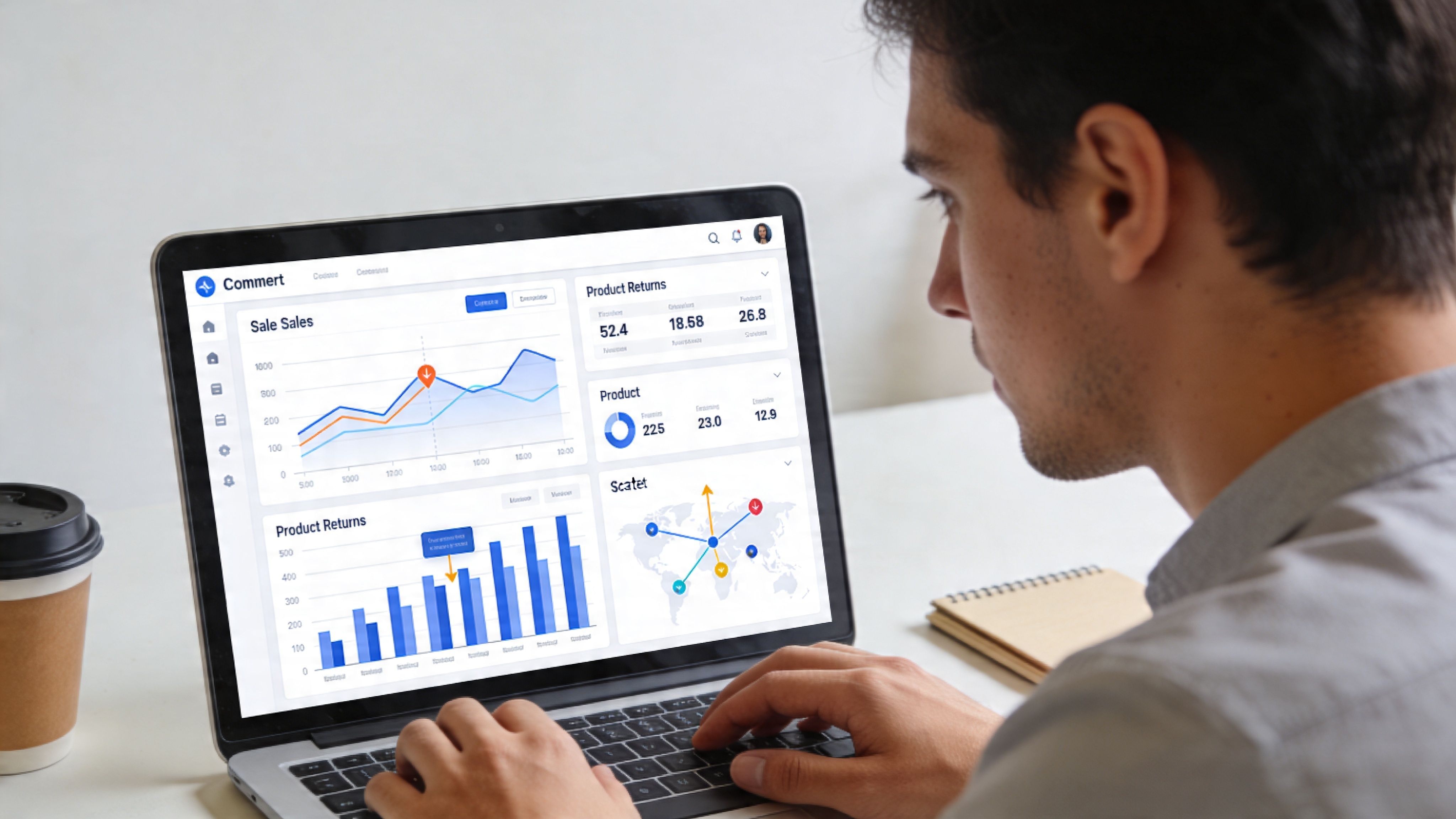 A professional analyzing data and statistics related to product returns on a laptop screen in an office.