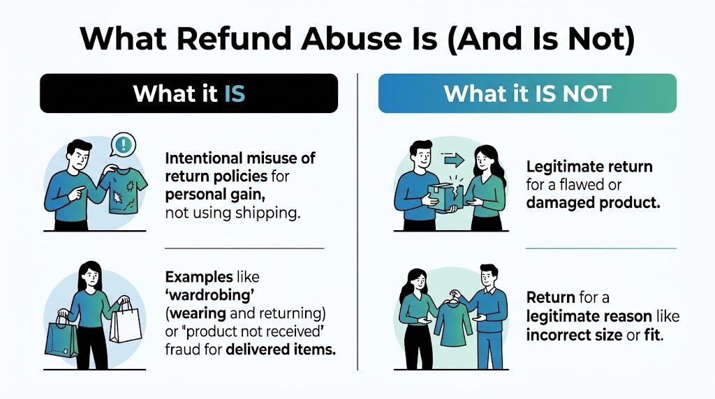 An infographic explaining the difference between refund abuse and legitimate product returns with illustrative examples.