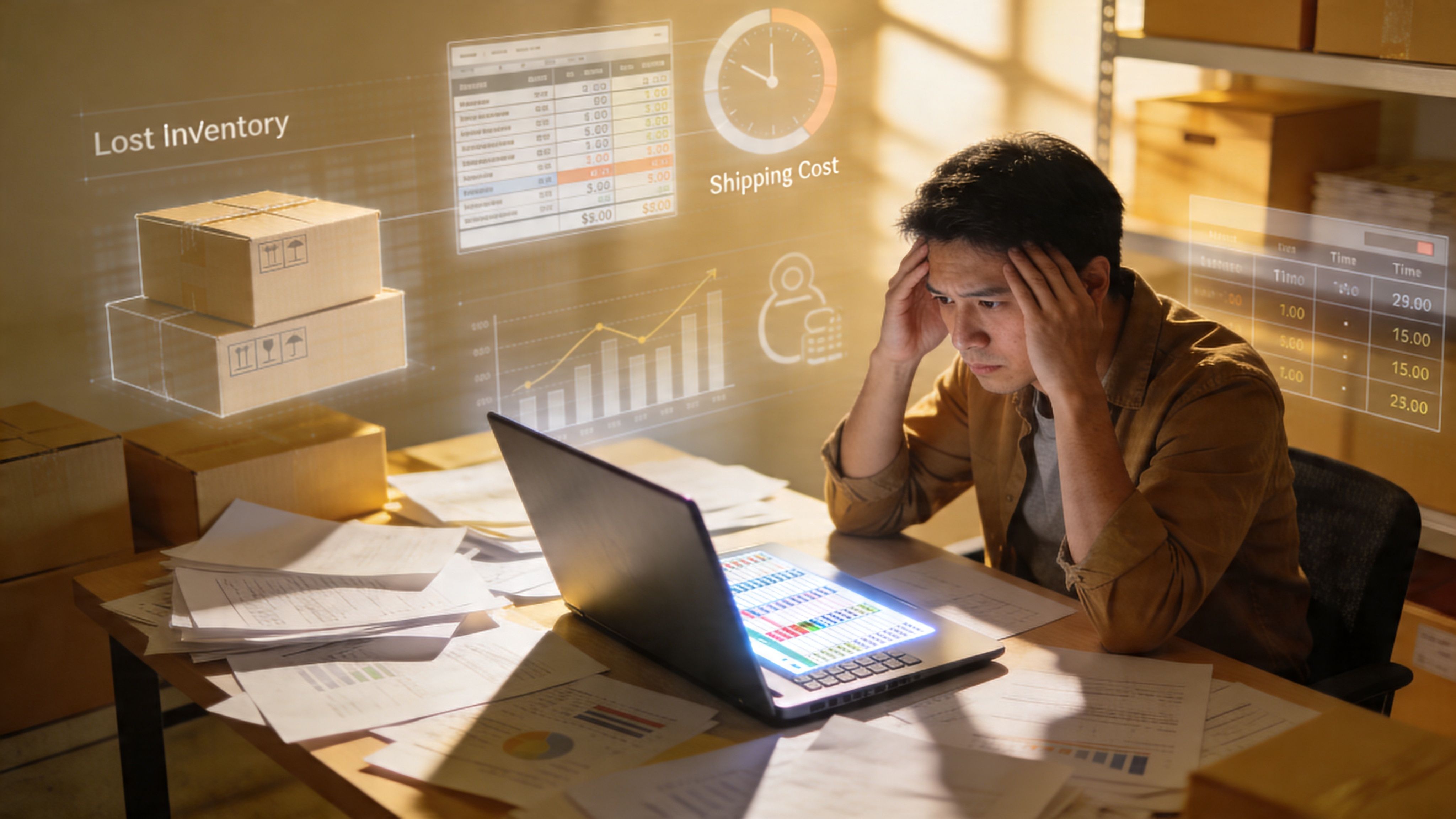 A stressed warehouse manager reviews inventory data and shipping costs on his laptop surrounded by paperwork.