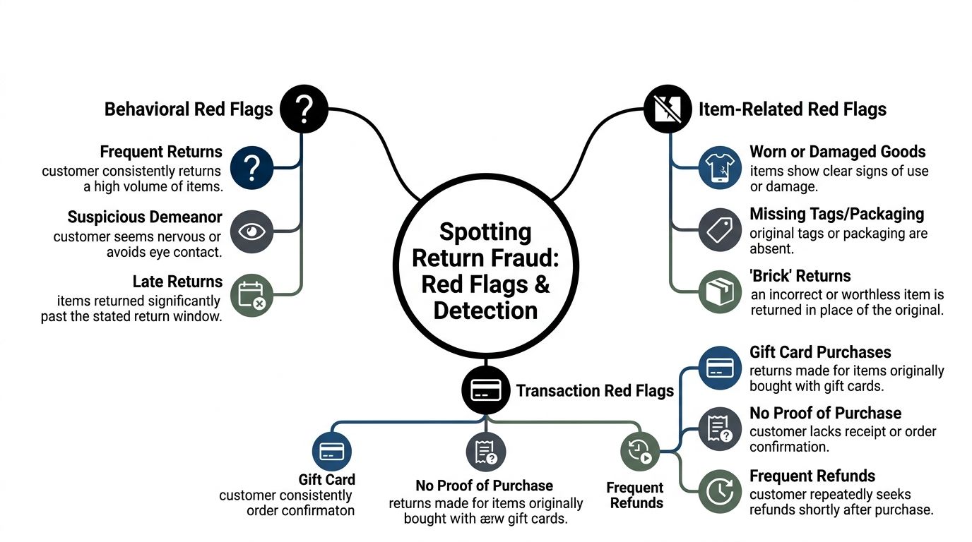 A mind map infographic outlining behavioral, item-related, and transaction red flags for detecting retail return fraud.