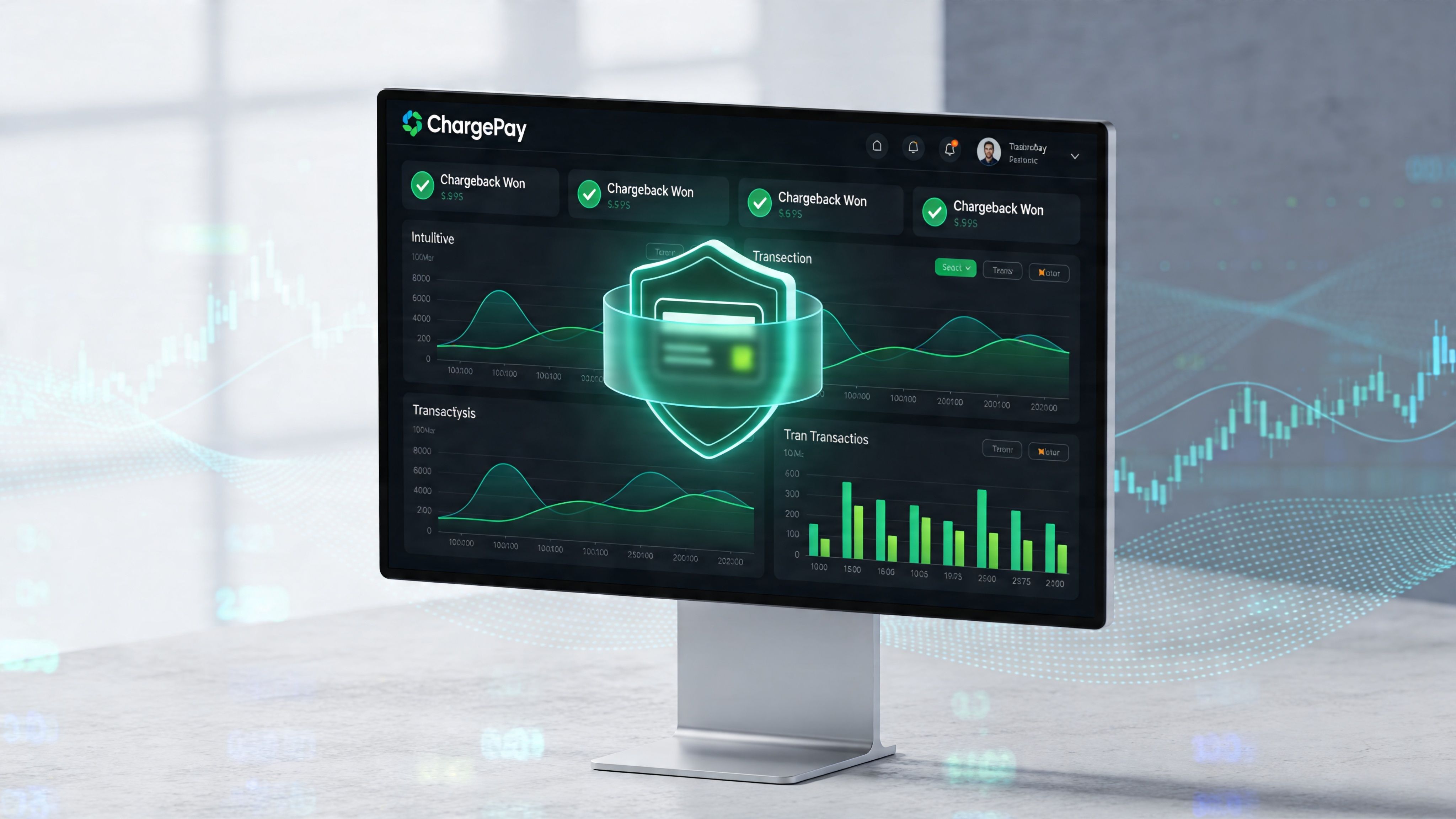 A modern computer monitor displaying a financial dashboard with transaction data and security shield iconography.