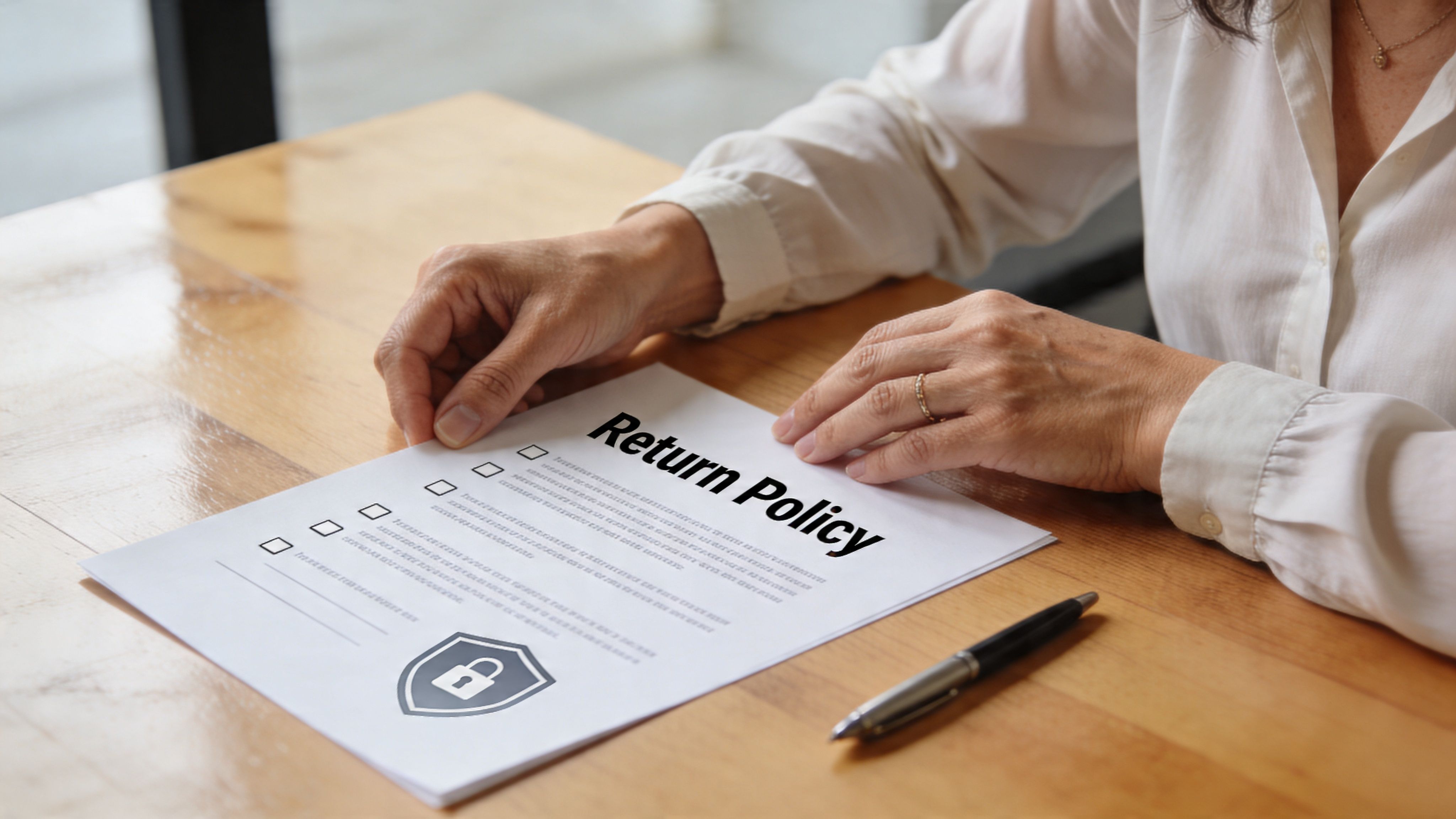 A person reviewing a Return Policy document on a wooden desk with a black pen nearby.