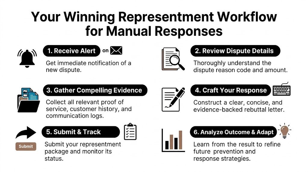 A flowchart outlining the six-step process for managing and winning manual credit card dispute representments.