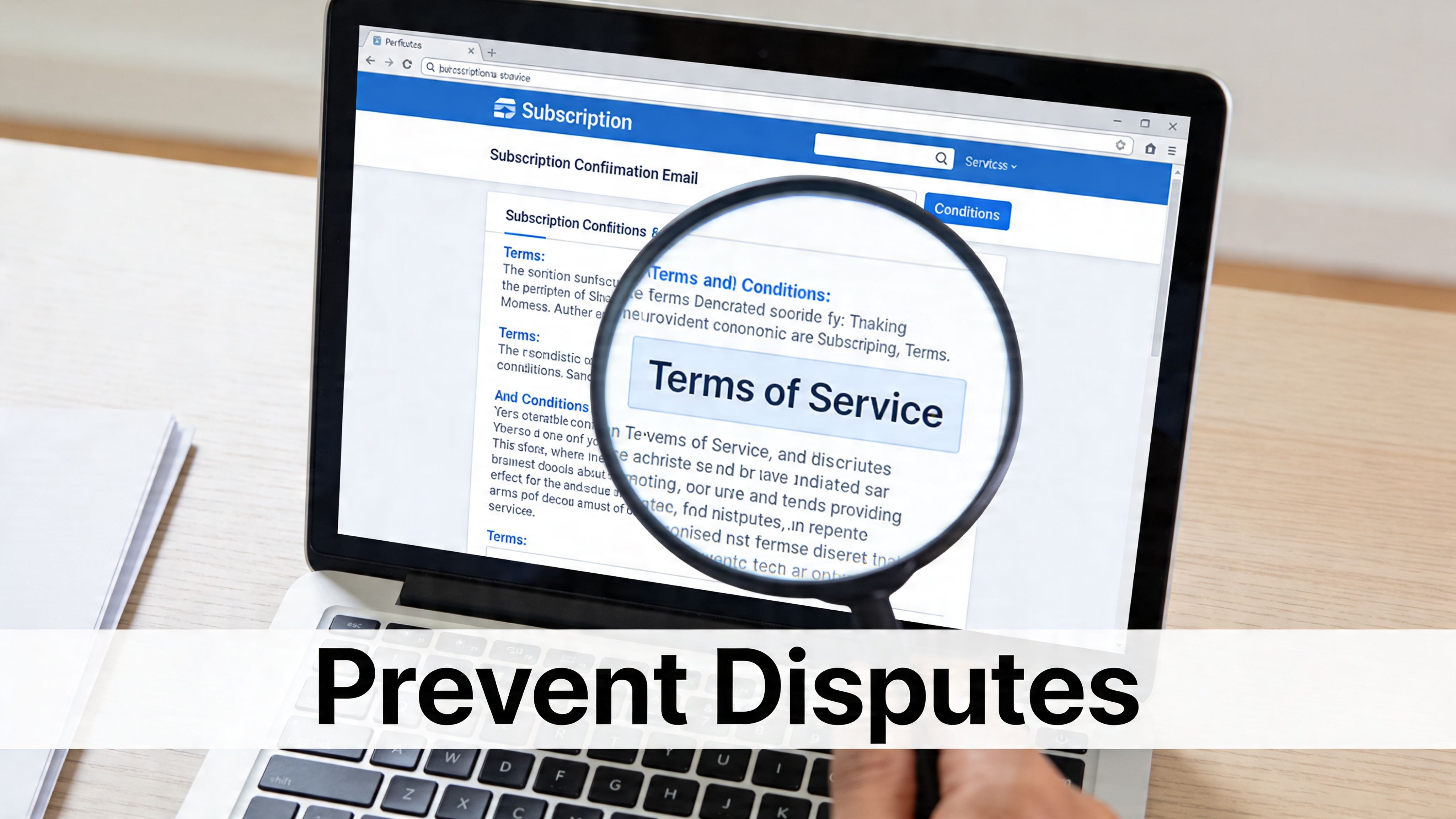 A magnifying glass focusing on the terms of service on a laptop screen to prevent billing disputes.