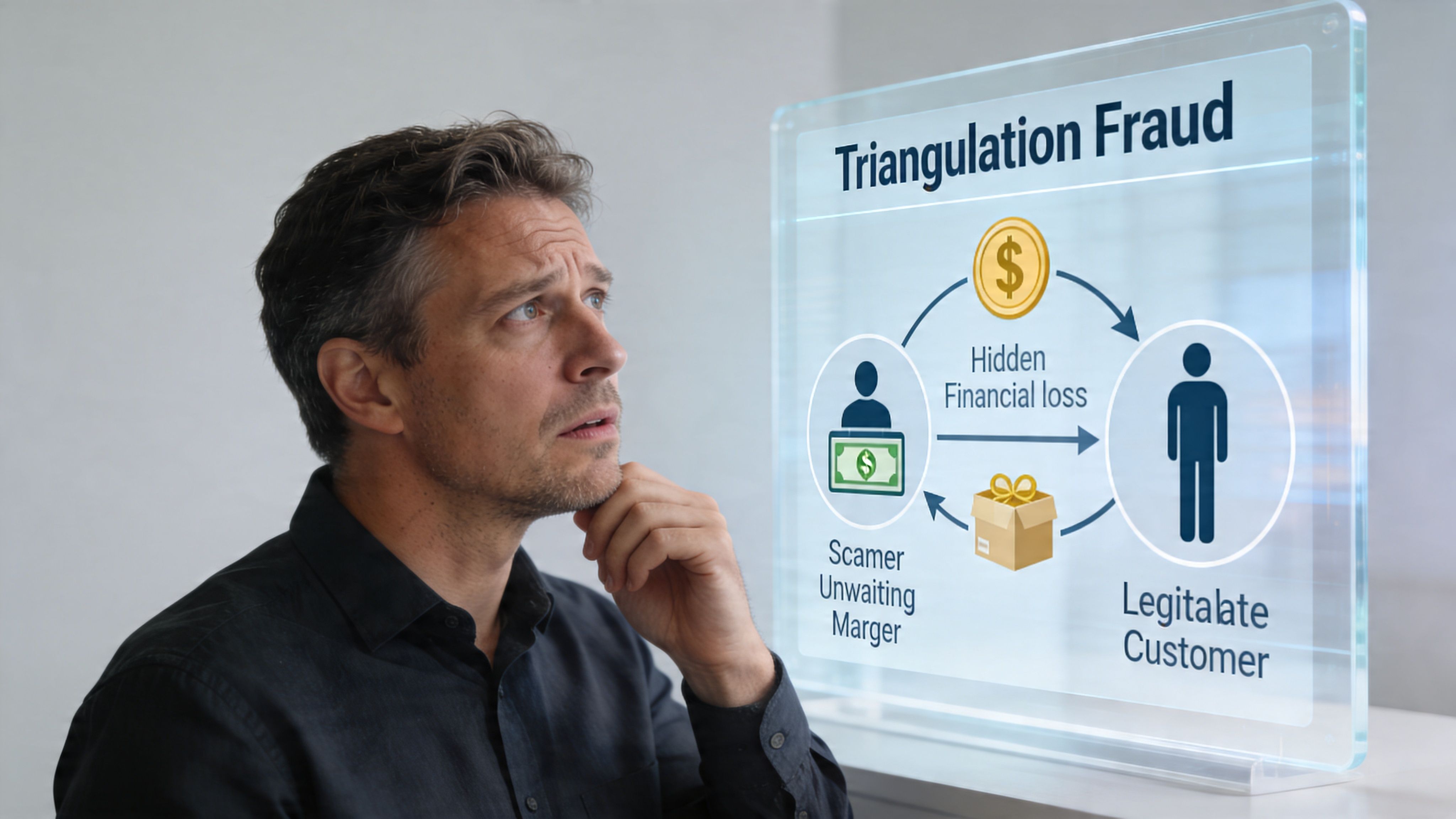 A concerned man looking at an illuminated digital infographic explaining the mechanics of triangulation fraud.