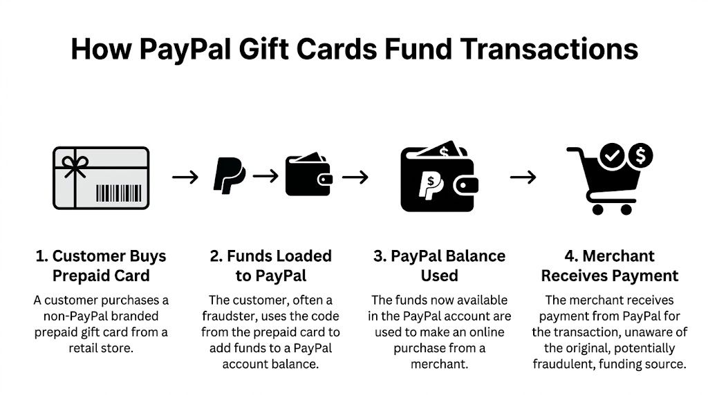 A diagram showing how non-PayPal prepaid gift cards are used to fund fraudulent transactions on PayPal.