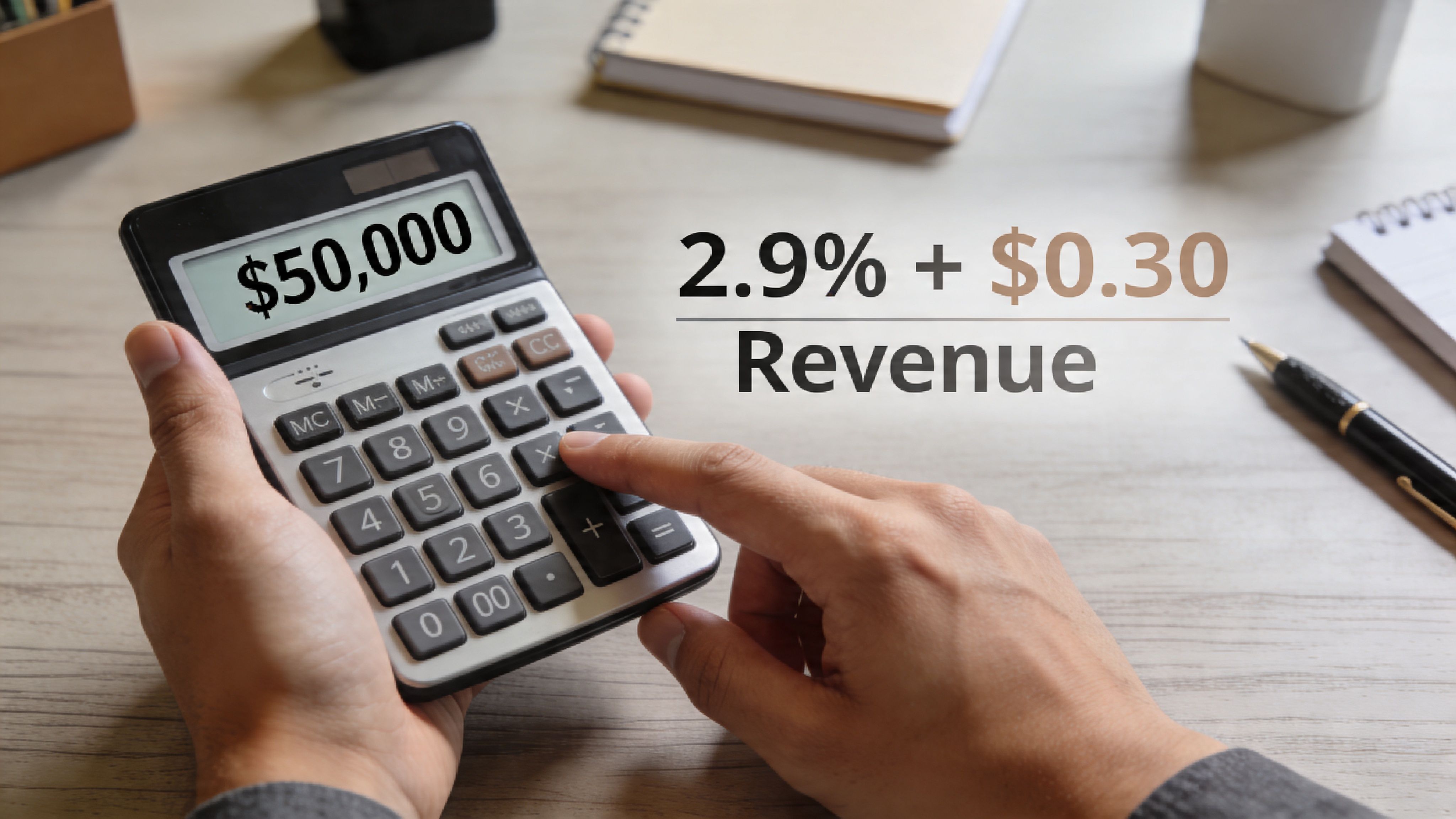 A person calculating business revenue on a calculator next to a display of merchant transaction fees.