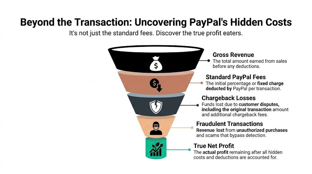 A funnel diagram illustrating how various costs reduce gross revenue to true net profit for PayPal transactions.