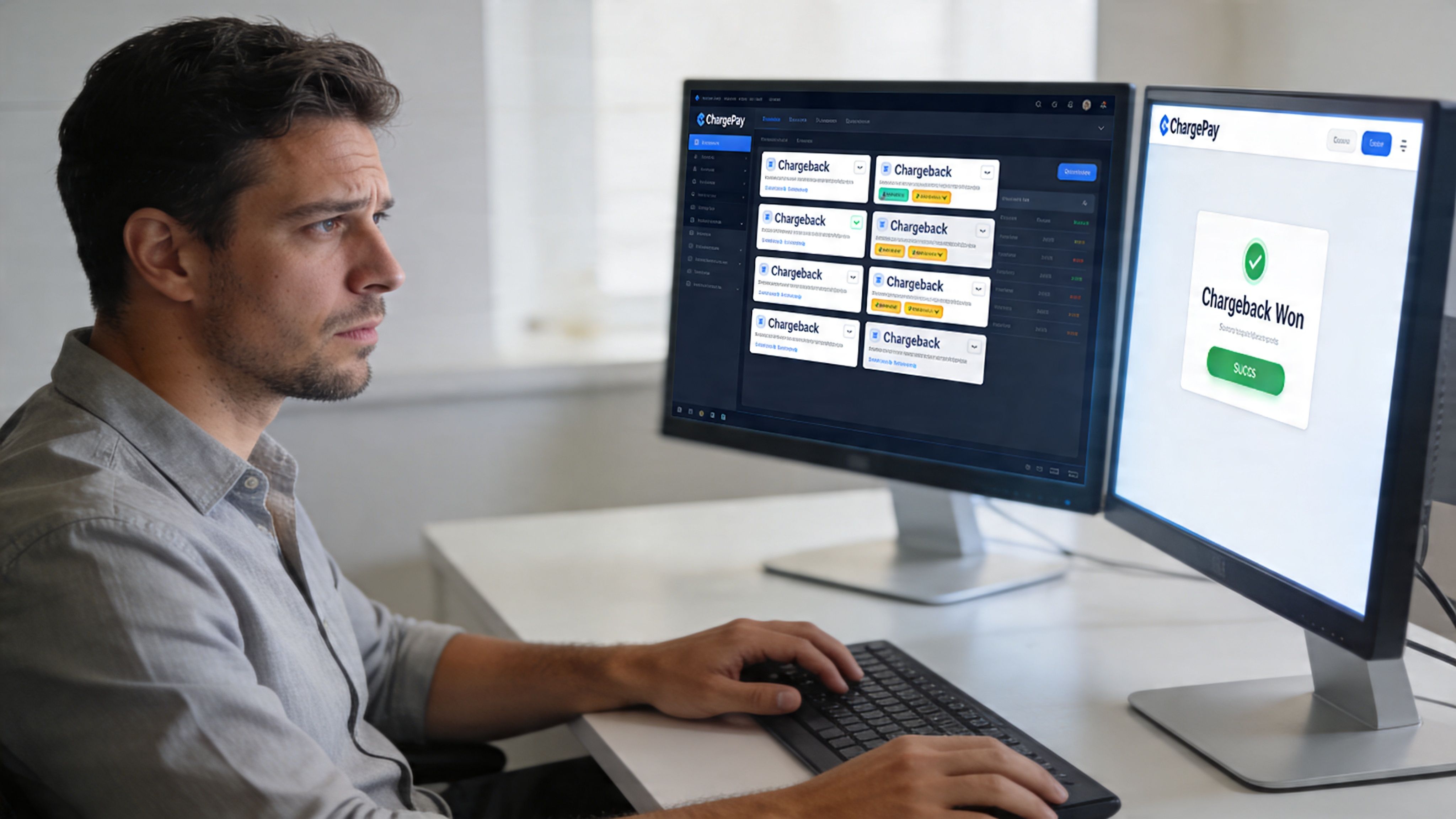 A professional man focused on working with ChargePay software on two monitors to manage chargeback disputes.