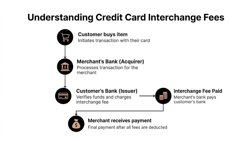A diagram illustrating the step-by-step process of how credit card interchange fees are paid during a transaction.