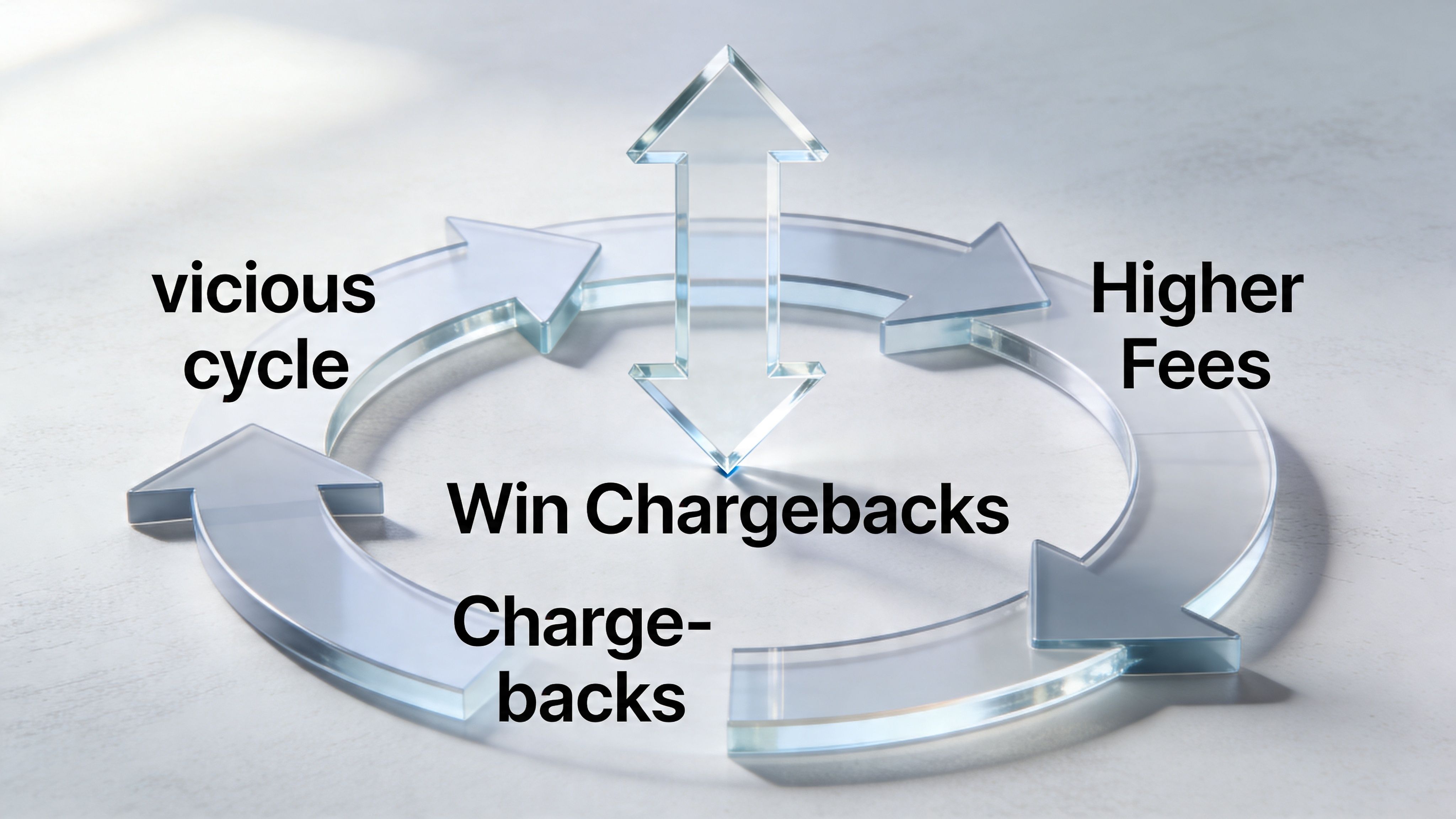 A diagram illustrating the vicious cycle of high credit card chargeback fees and payment processing risks.