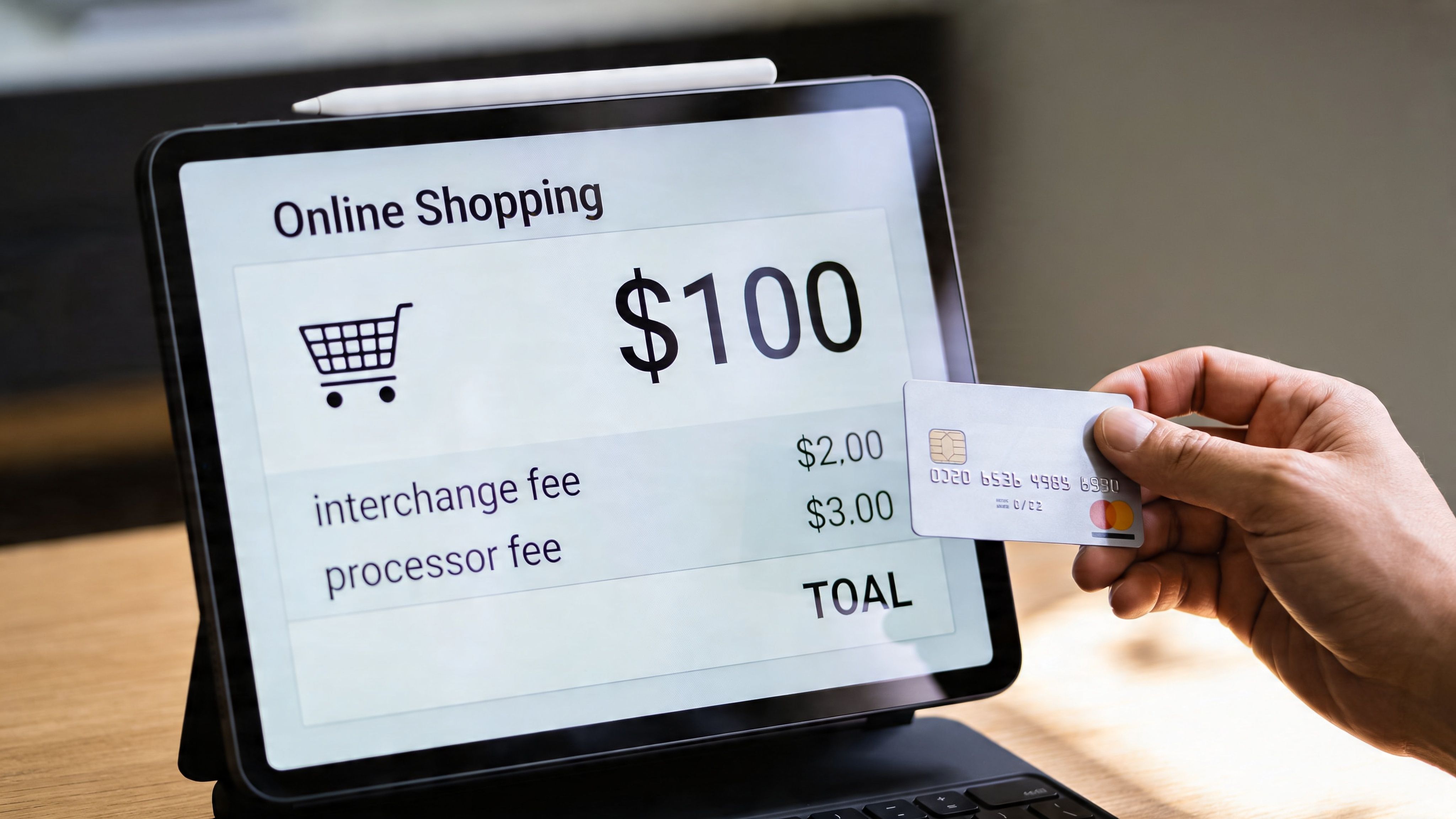 A hand holding a credit card towards a digital tablet displaying online shopping fees and purchase costs.