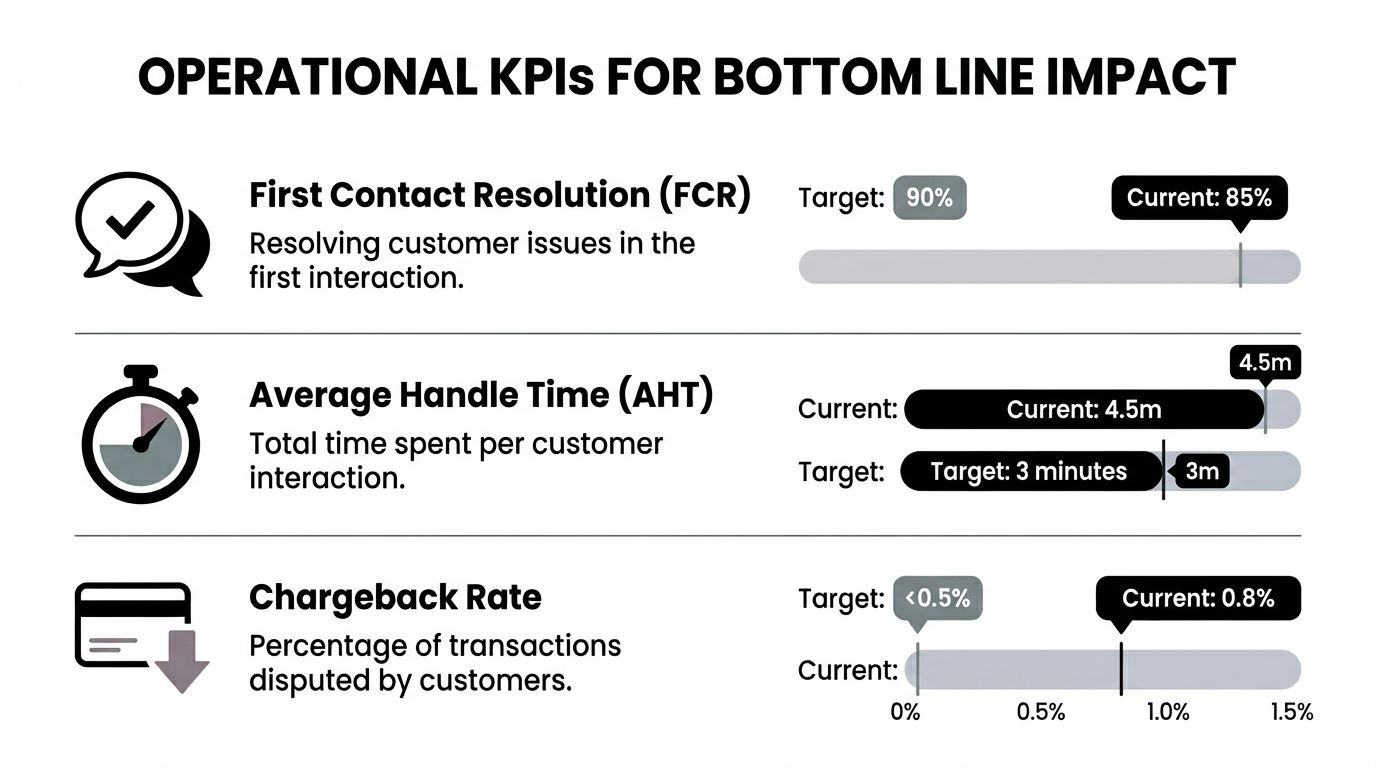 A graphic showing operational KPIs for customer service including First Contact Resolution, Average Handle Time, and Chargeback Rate.