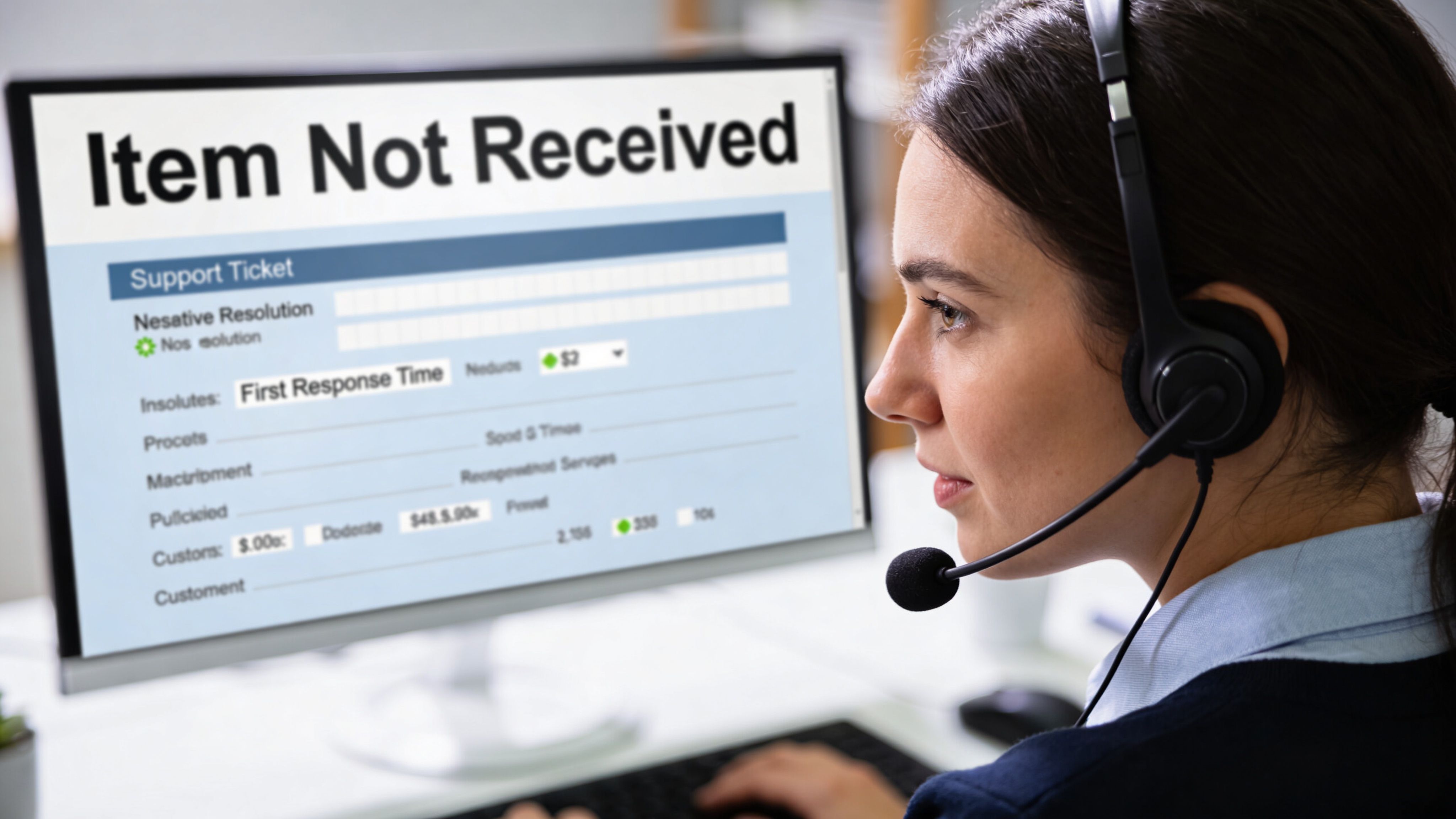 A customer service representative with a headset looking at a computer screen showing item not received data.
