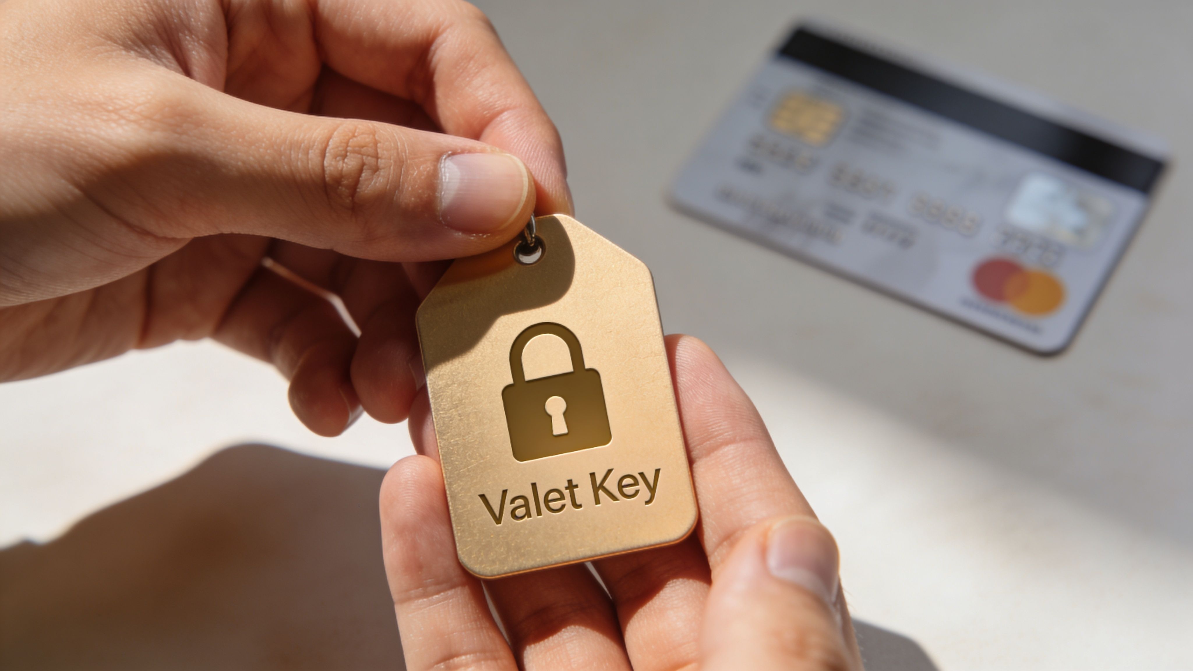 A person holds a golden valet key tag with a lock icon, representing secure payment tokenization processes.